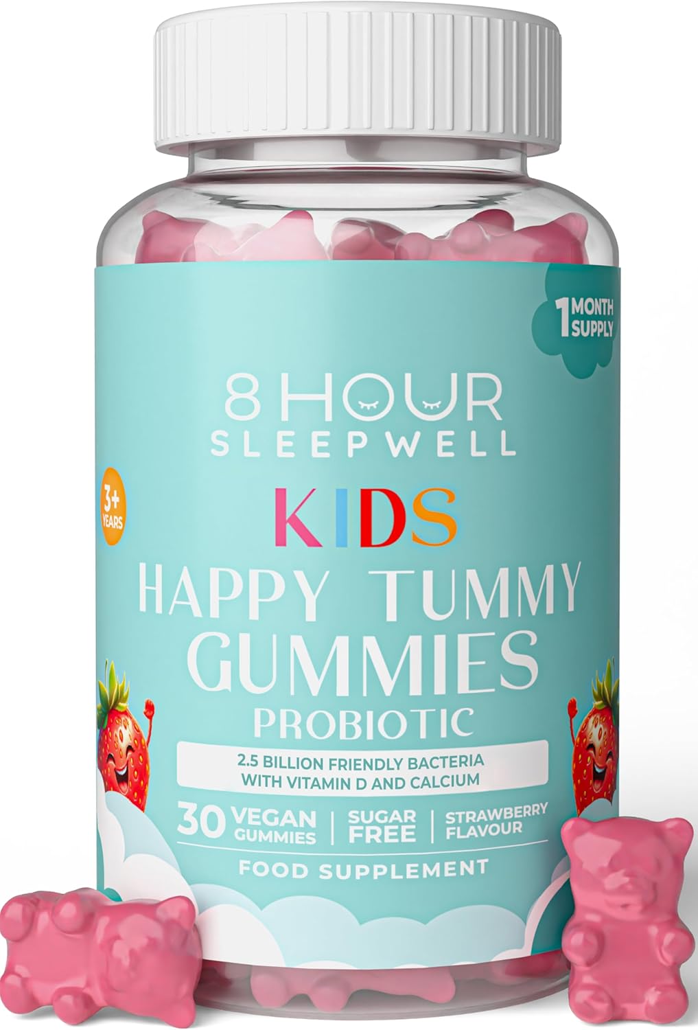 Kids Probiotic Gummies – Chewable, Sugar-Free & Vegan – Probiotics with Vitamin D & Calcium for Immune Support & Gut Health – Raspberry Flavor, Gluten-Free – 1 Month Supply