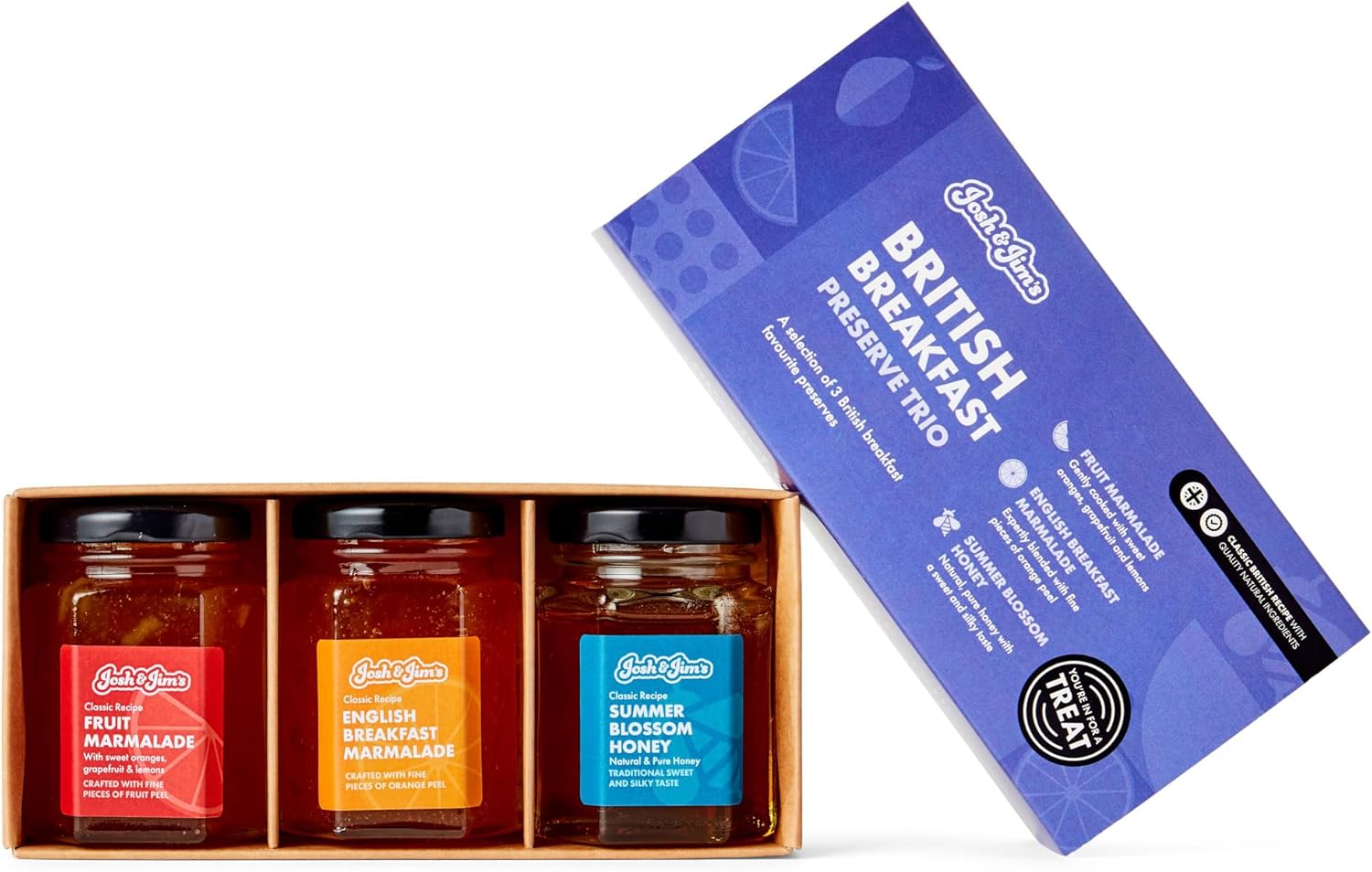 Josh & Jim's - Gourmet Breakfast Preserve Set, Trio Marmalade & Honey, No Palm Oil, Ovo-Lacto Friendly, 3x114g