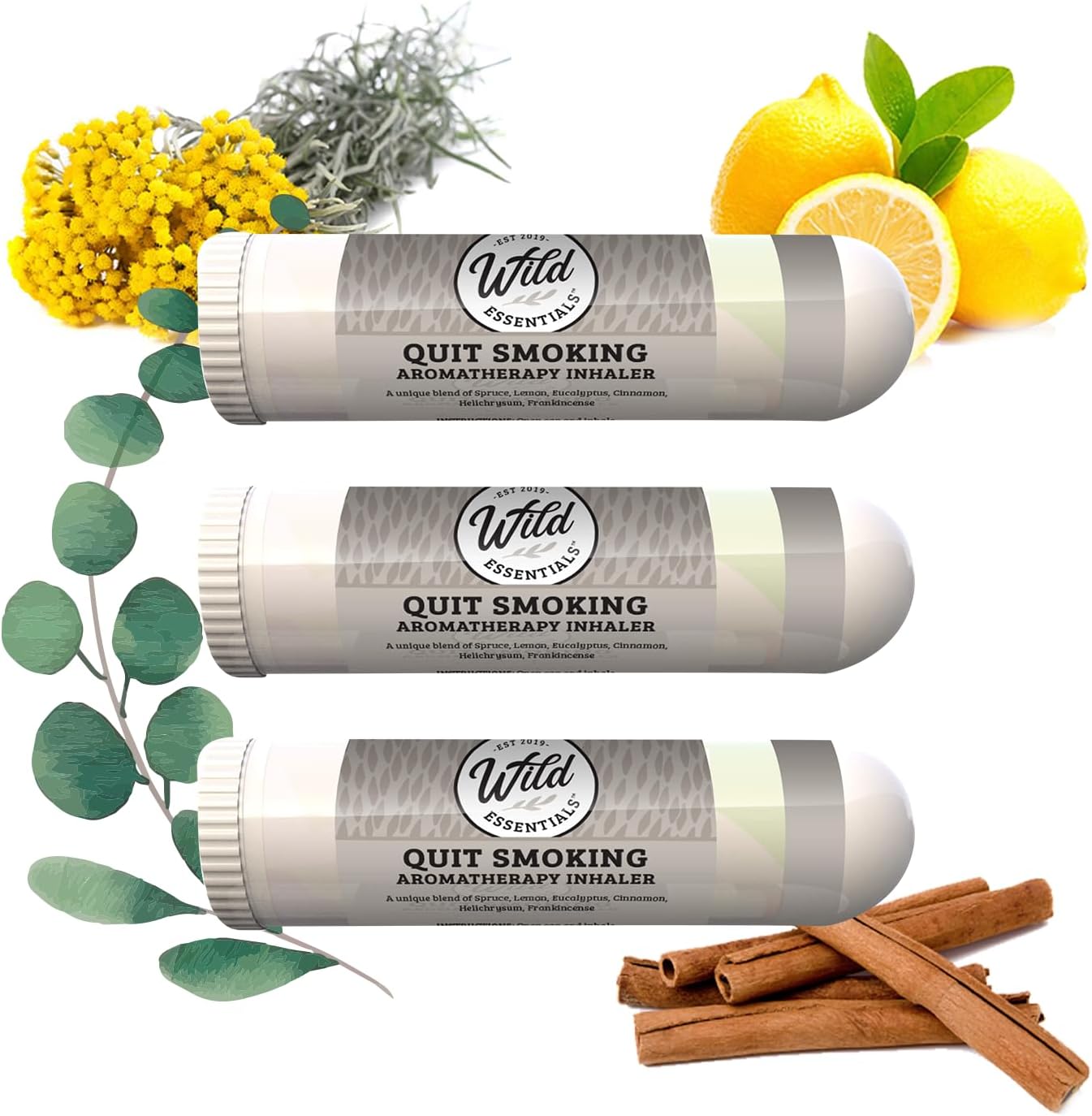 Wild Essentials 3 Pack of Quit Smoking Aromatherapy Nasal Inhalers Made with 100% Natural, Therapeutic Grade Essential Oils to Help You Kick The Habit and Quench The Cravings