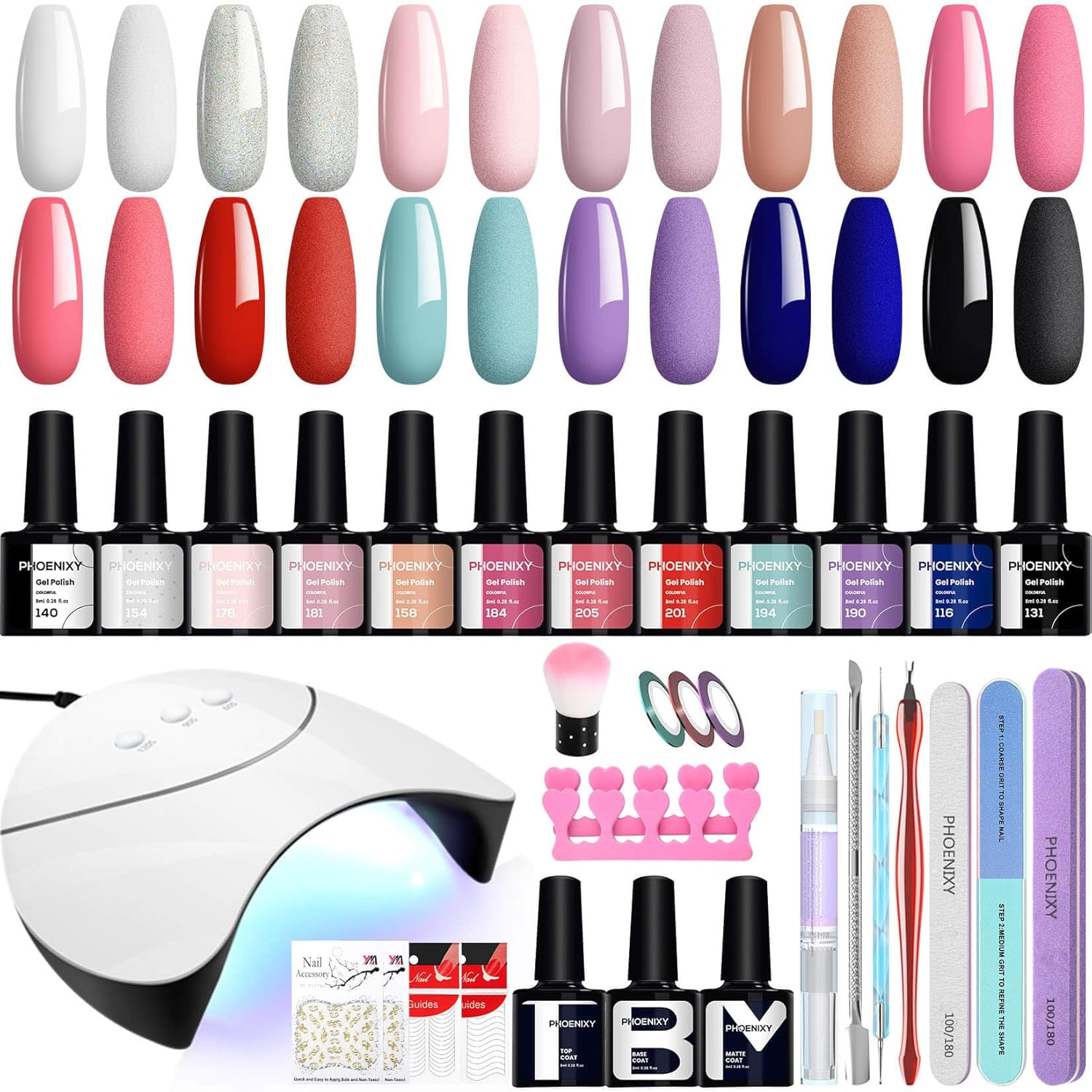 Phoenixy Gel Nail Polish Set, 12 Colours Gel Nail Kit with U V Nail Lamp 8ML Soak off Gel Nail Polish Starter Kit Blue Pink Nail Kit Gifts Set for Women