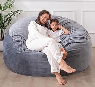 [Velvet Fabric] Large Bean Bag Chair: 4 ft Memory Foam Bean Bag Chairs for Adults with Filling,Adult/Kids Bean Bag Chair with Filler Included,Soft Faux Fur Fabric,Fog Grey,4 Foot