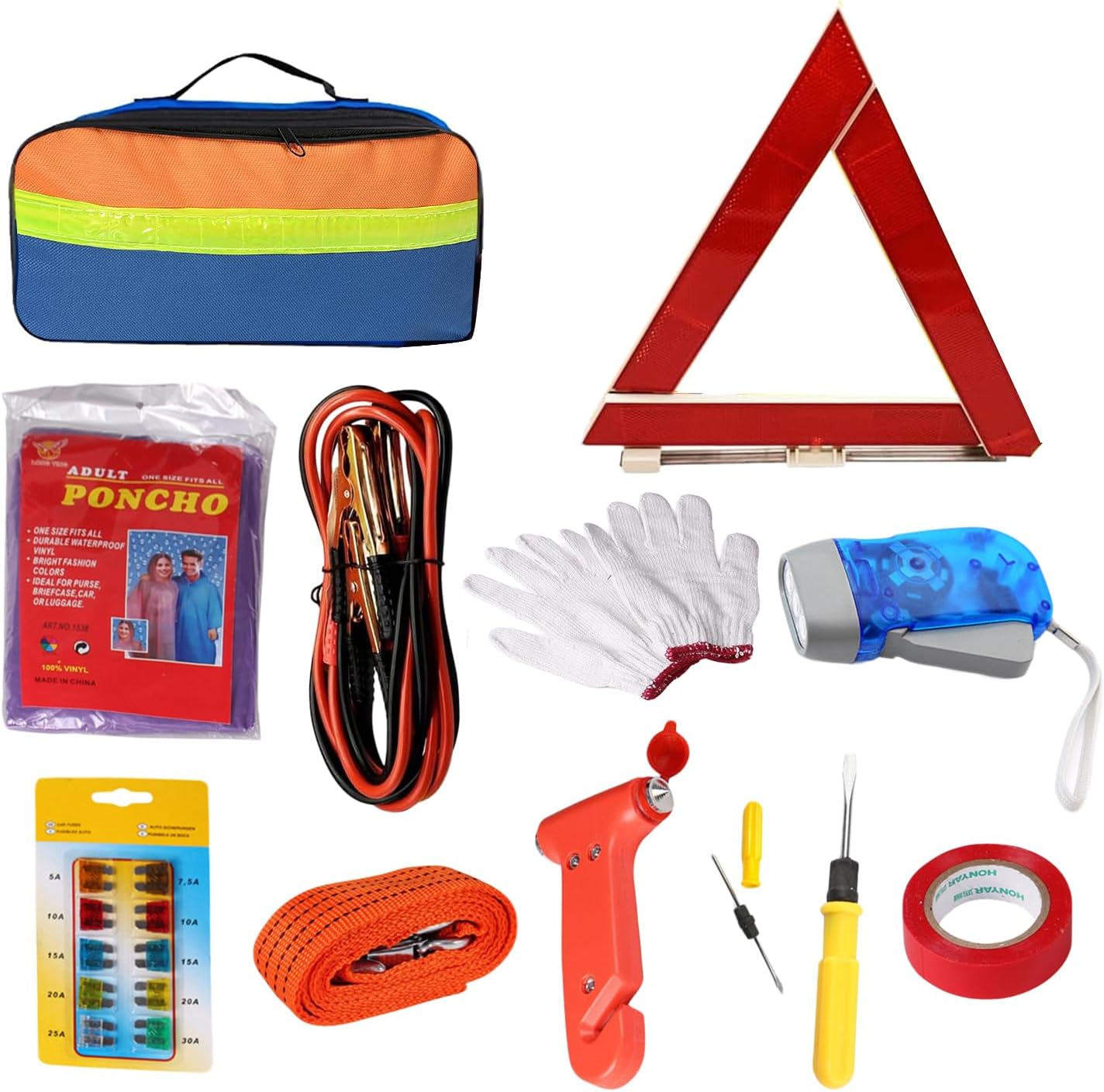 11-in-1 Car Emergency Tool Set Breakdown Assistance Set Car Safety Kit Breakdown Tool Set with Storage Bag, Jumper Cables, Tow Rope, Warning Triangle, Flashlight, Safety Hammer etc