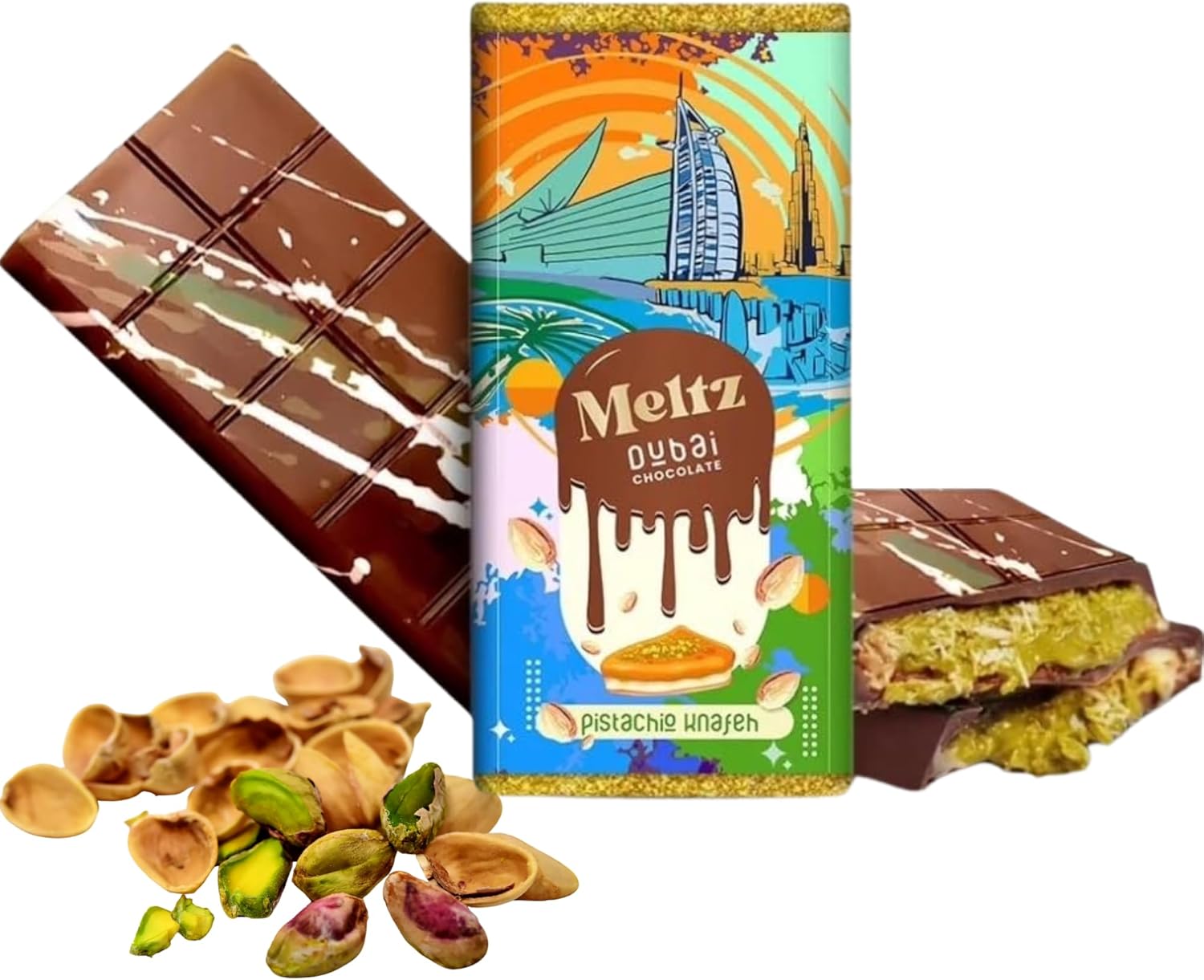 Meltz Premium Dubai Chocolate Bar 192g - Pistachio Kunafa Luxurious UEA Middle Eastern Delight - Milk Chocolate Pistachi KnaFeh - Perfect Dubai Sweets Treat Box Dairy Gift (pack of 1)