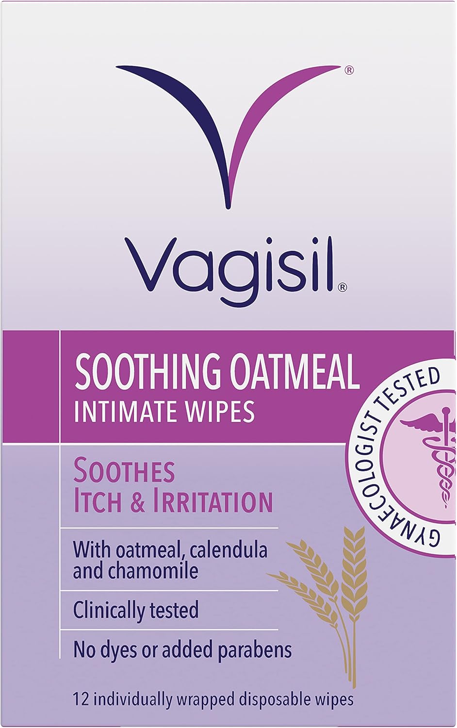 VAGISIL Soothing Oatmeal Intimate Wipes to soothe itch & irritation, Contains Tea Tree Oil, Gentle Enough For Daily Use,12 individually wrapped Wipes