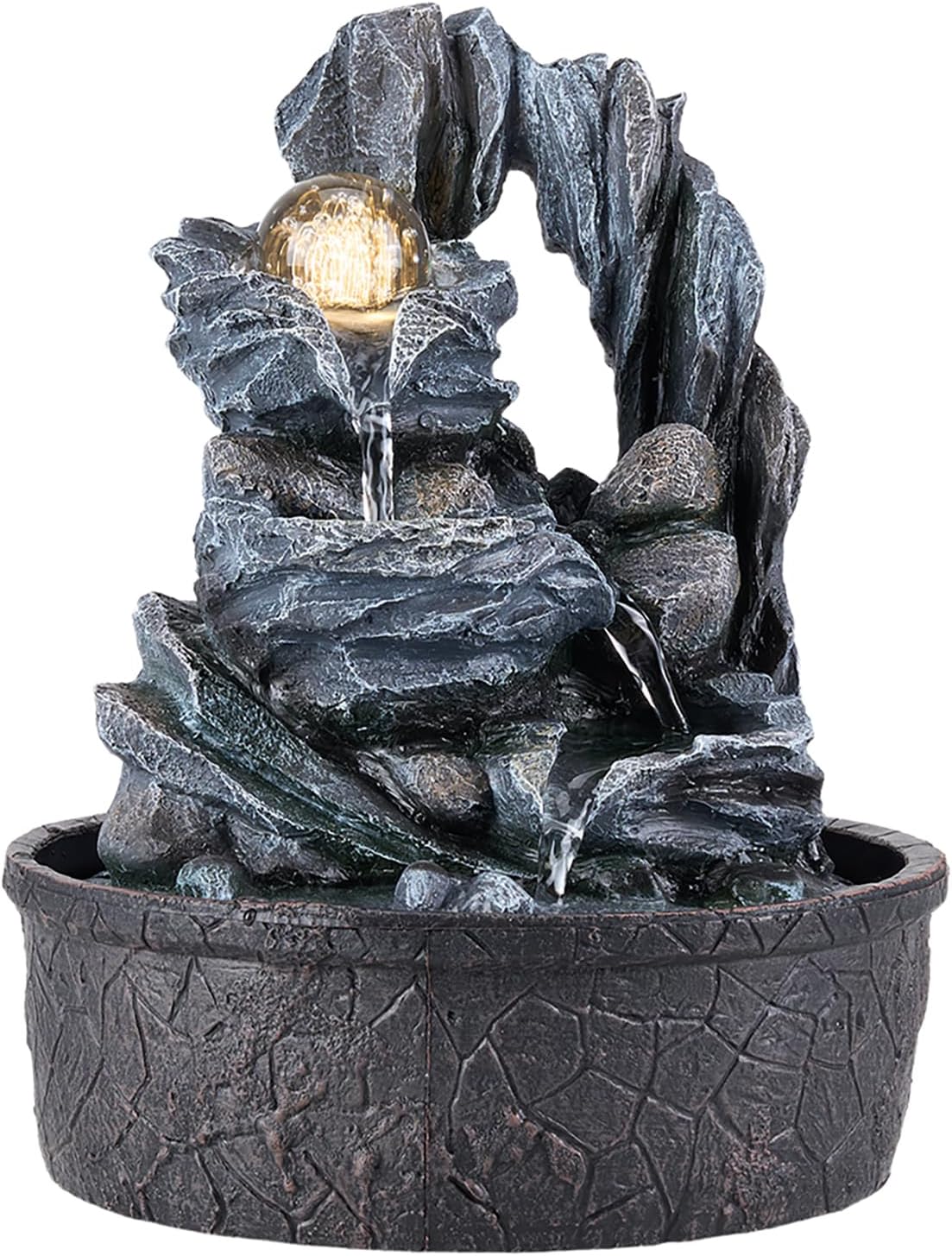 BTGGG Indoor Water Fountain with Rolling Ball LED Light, Indoor Water Feature Table Top Waterfall with Cascading Mountains, Desktop Fountains for Decoration Relaxation, 3 Pin UK Plug Included