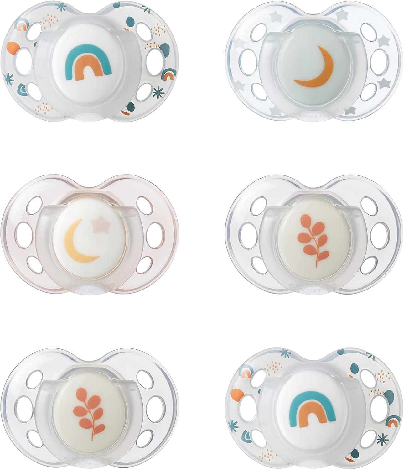 Tommee Tippee Nighttime Soothers, 18-36m, 6 Pack, Glow in The Dark, Varied Colours and Designs, Symmetrical Orthodontic Dummy, BPA-Free Silicone Teat