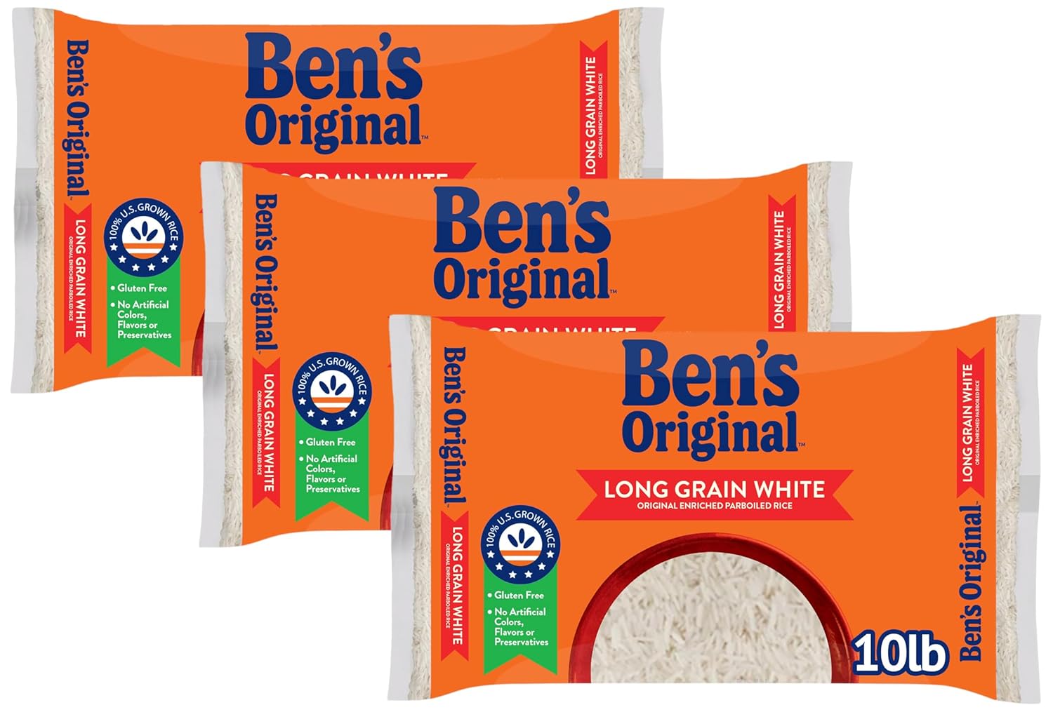 BEN'S ORIGINAL Enriched Long Grain White Rice, Parboiled Rice, 10 lb Bag (Pack of 3)