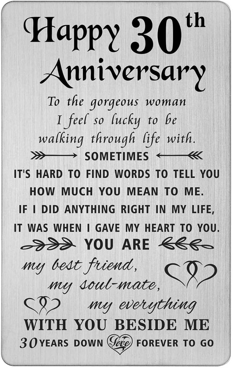 TANWIH 30th Anniversary Card for Wife - 30 Years Down Forever to Go - 30 Year Wedding Anniversary Card Gifts for Her Women, Engraved Metal Wallet Card