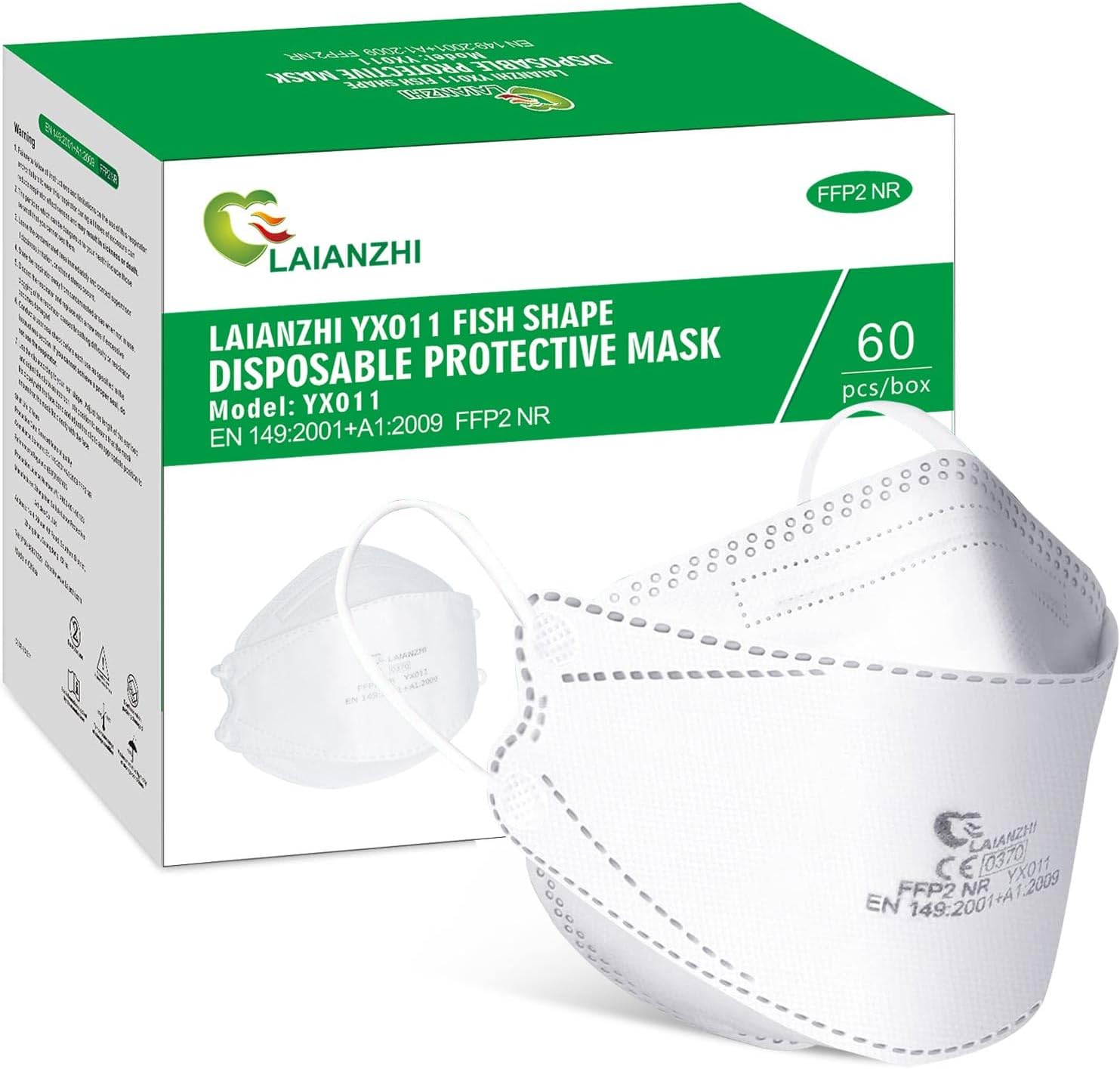 LAIANZHI 60 Pack FFP2 Mask, Disposable Face Mask, Individually Wrapped Respirator Mask for Women Men, 4 Layer Filters Airborne Particles≥94%