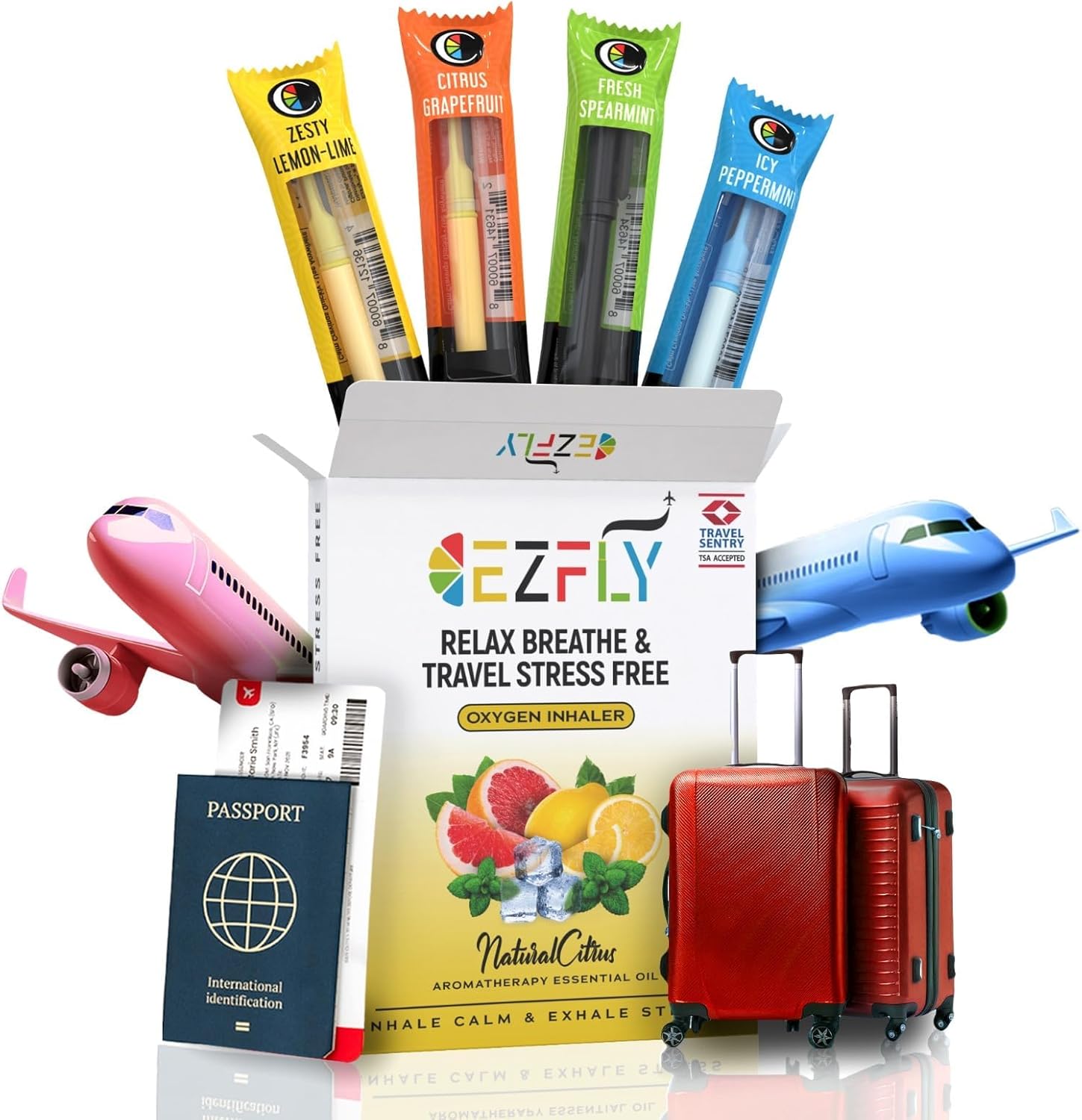 TSA-Accepted Calming Inahler - EZFly Essential Oil Travel Companion - Long Lasting Relief, Lightweight for Stress Management for Flights (Assorted 4 Flavors)