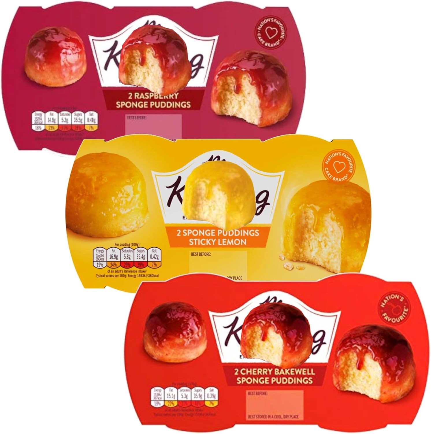 Classic Sponge Pudding Dessert Bundle - Delicious Vareity of Steamed Puddings in 3 Flavours - Lemon, Cherry Bakewell, and Raspberry - Microwaveable and Delicious (6 x 90g)