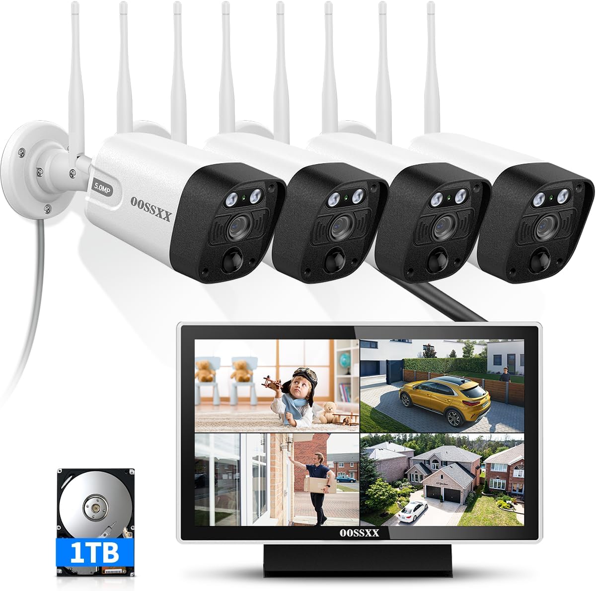 (2026 Update) 5MP Wireless Security Camera System with 10" Monitor, 10CH NVR & 4 WiFi Cameras, 130° Wide Angle, Dual Band 2.4/5.8GHz, 55% Longer Range, 2-Way Audio, 1TB HDD, IP66, No Monthly Fee