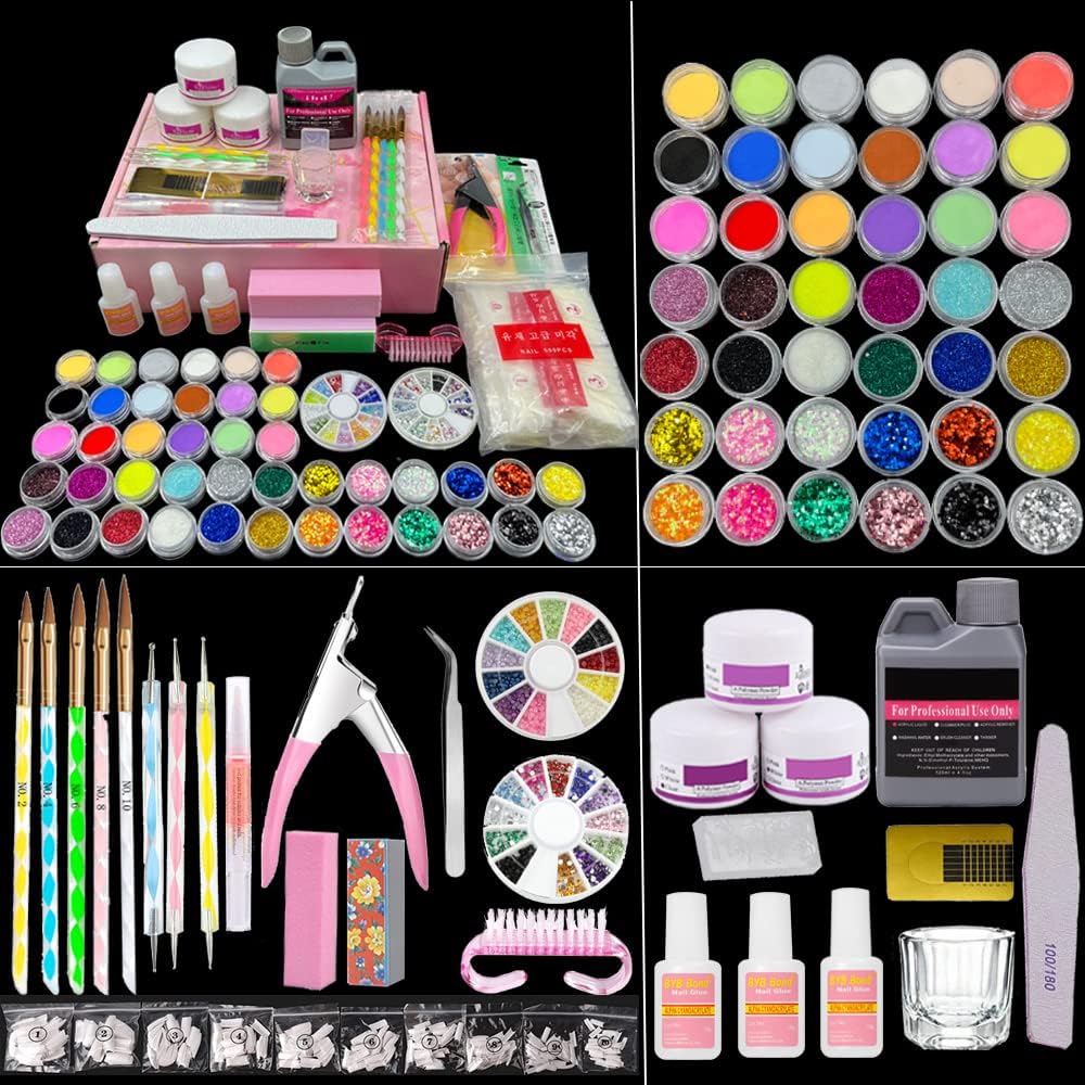 TEEROVA Nail Art Kit, 42 Acrylic Powder Liquid Brush Glitter Clipper Primer File Nail Art Tips Set Kit