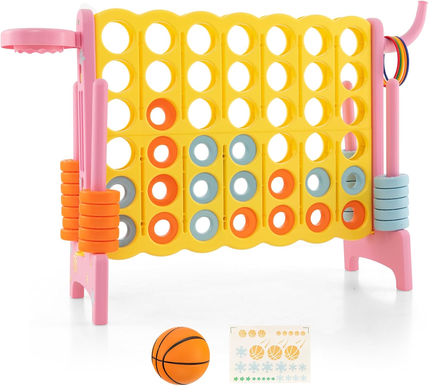 GYMAX Giant Connect 4 Game, Jumbo Four in a Row with 42 Rings, Basketball Hoop, 5 Toss Rings, Quick-Release Slider, Garden 4 to Score Game for Kids & Adults (Yellow+Pink)