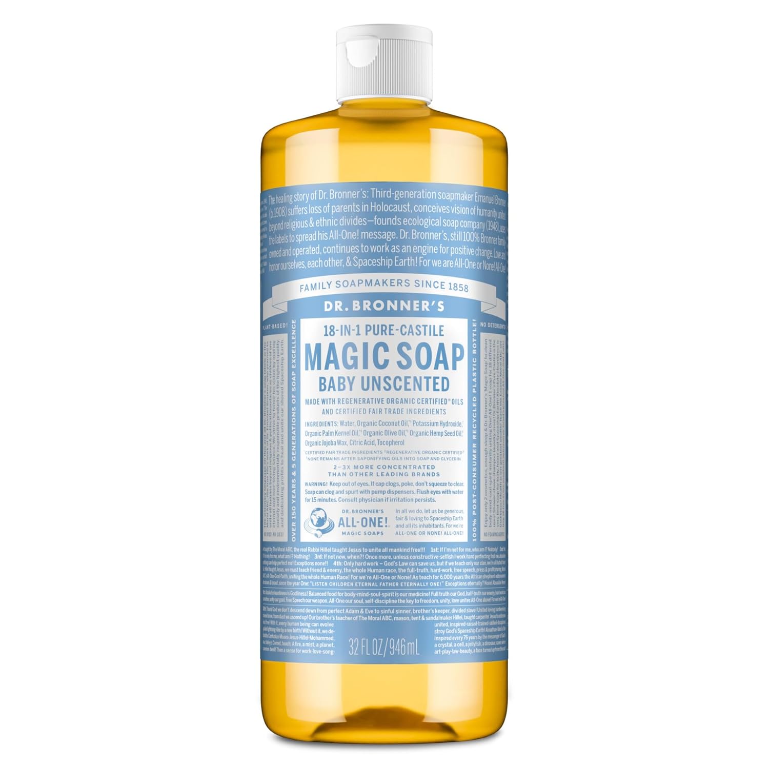 Dr. Bronner's Pure Castile Liquid Soap - Made with Regenerative Organic Certified Oils - 18-in-1 Uses for Face, Body, Hand Gentle on Baby & Sensitive Skin Body Wash Unscented,32oz
