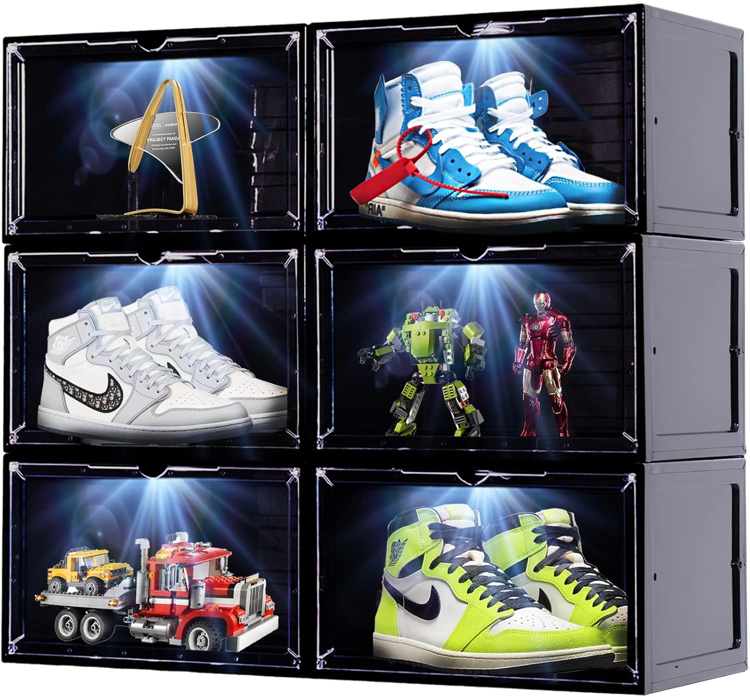 Shoe Box Shoe Storage Organizer 2024 NEW 6 Pack LED Clear Plastic Stackable Side Drop Front Display Foldable Sneaker Containers Bins Fit up to Size 12 (Black)