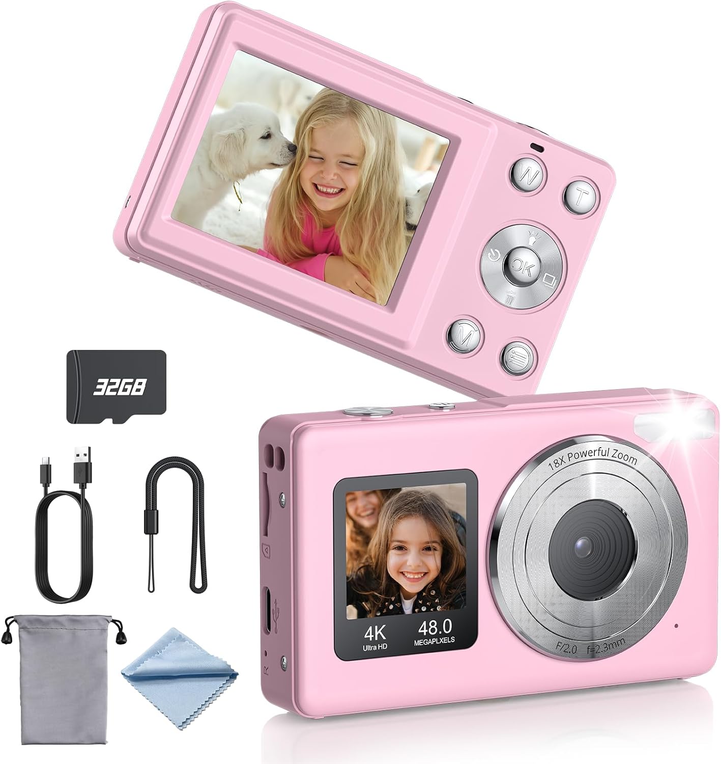eSynic Digital Compact Camera 4K 48MP 18X Zoom Autofocus Point and Shoot Digital Camera| 32G SD Card |Selfie Screen|Rechargeable Portable for Travel Vlogging,Photography|Gift for Kids,Teens,Girls-Pink