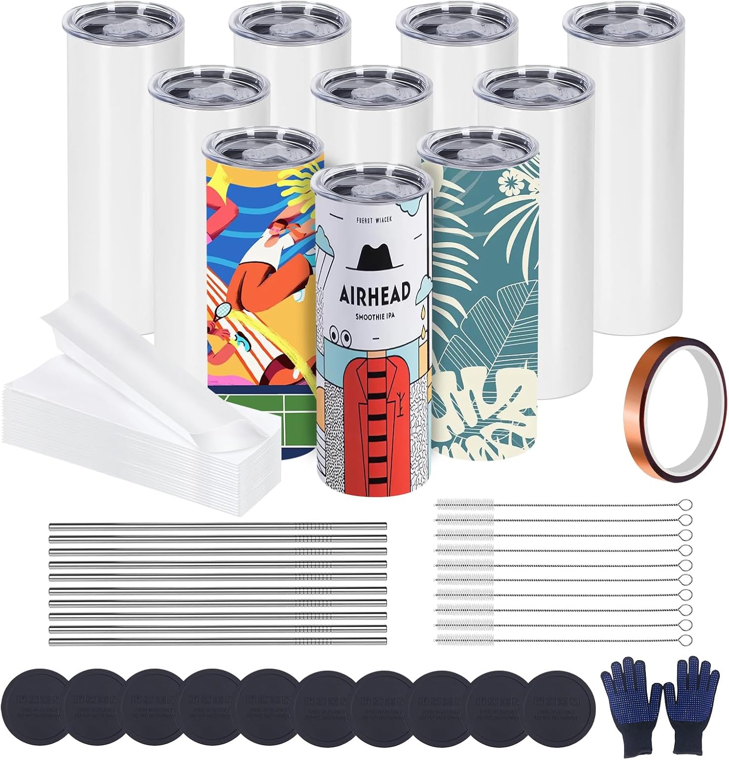 10 Pack Sublimation Tumblers Bulk, 20 OZ Stainless Steel Straight Skinny Tumblers Blank, Subbing Tumblers Cups with Sublimation Shrink Wrap, Straw and Individually Box
