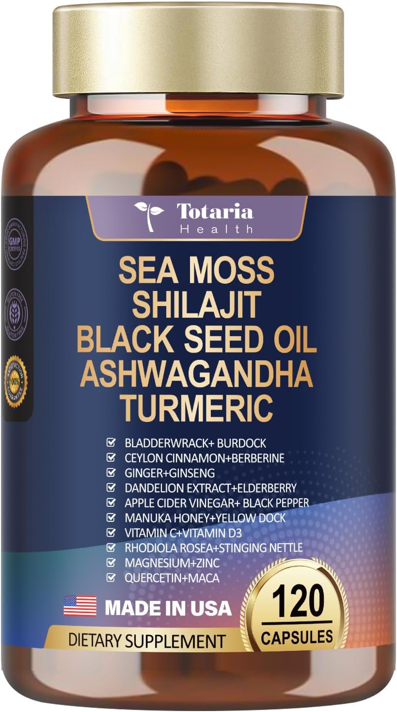 25-in-1 Sea Moss Black Seed Oil Ashwagandha Ginger Shilajit Supplement, Sea Moss Capsules with Bladder Burdock Ceylon Cinnamon Berberine ACV Manuka VIT C & D3, 120 Caps