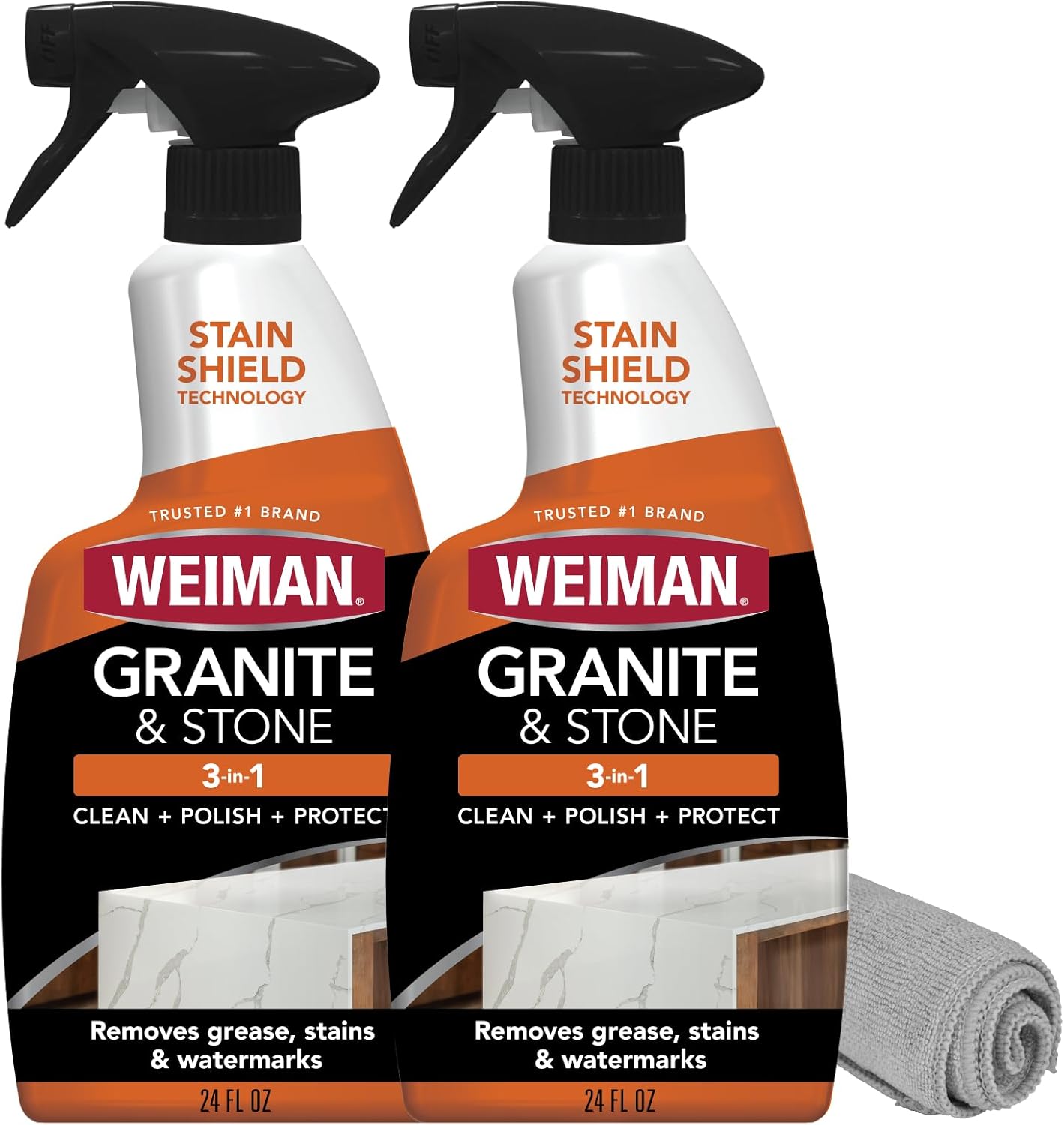 Weiman Granite Cleaner Polish and Protect, Streak Free, pH Neutral Formula for Daily Use on Interior & Exterior Natural Stone with Microfiber Towel, 3 in 1-2 Pack