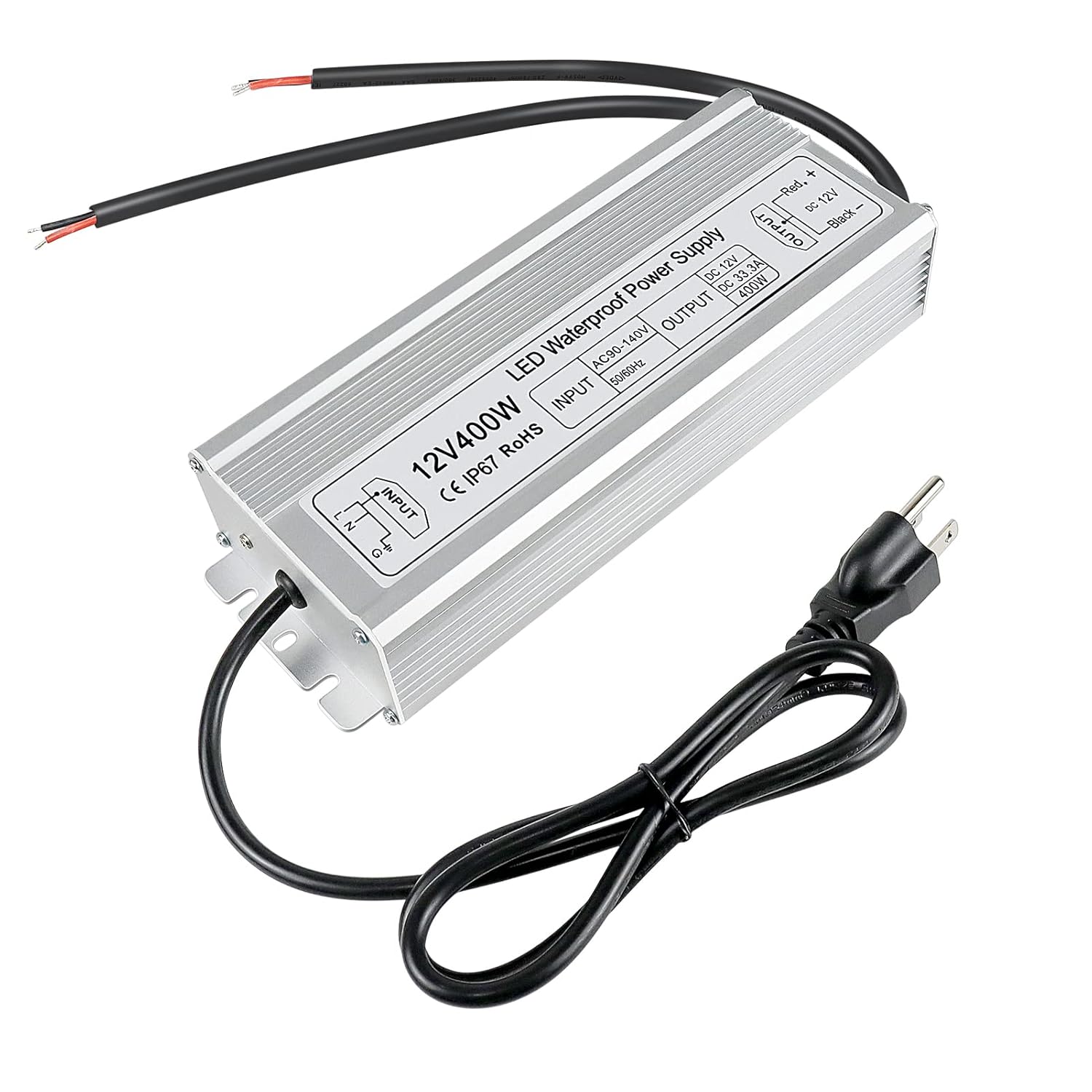 inShareplus 400W 12V Power Supply, IP67 Waterproof Outdoor LED Driver, AC 90-140V to DC 12 Volt 33.3A Converter, Low Voltage Transformer with 3-Prong Plug for LED Light and Other 12V DC Products