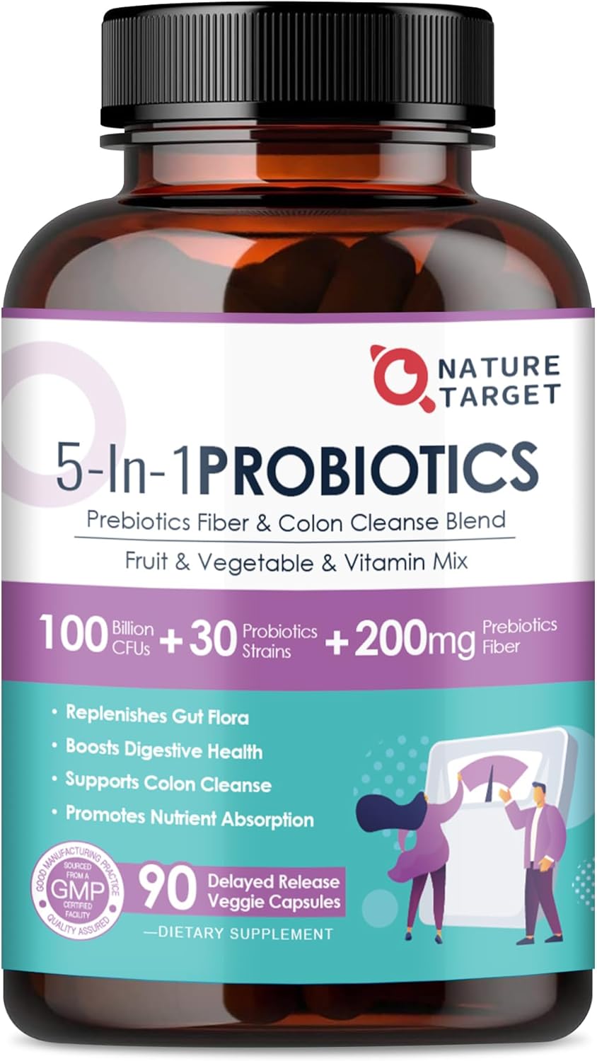 NATURE TARGET Probiotics for Women-Men Digestive Health, Mens-Womens Probiotic with Prebiotics, 100 Billion for Gut and Immune Health, No Refrigeration, 90 Veggie Capsules (45 Days Supply)
