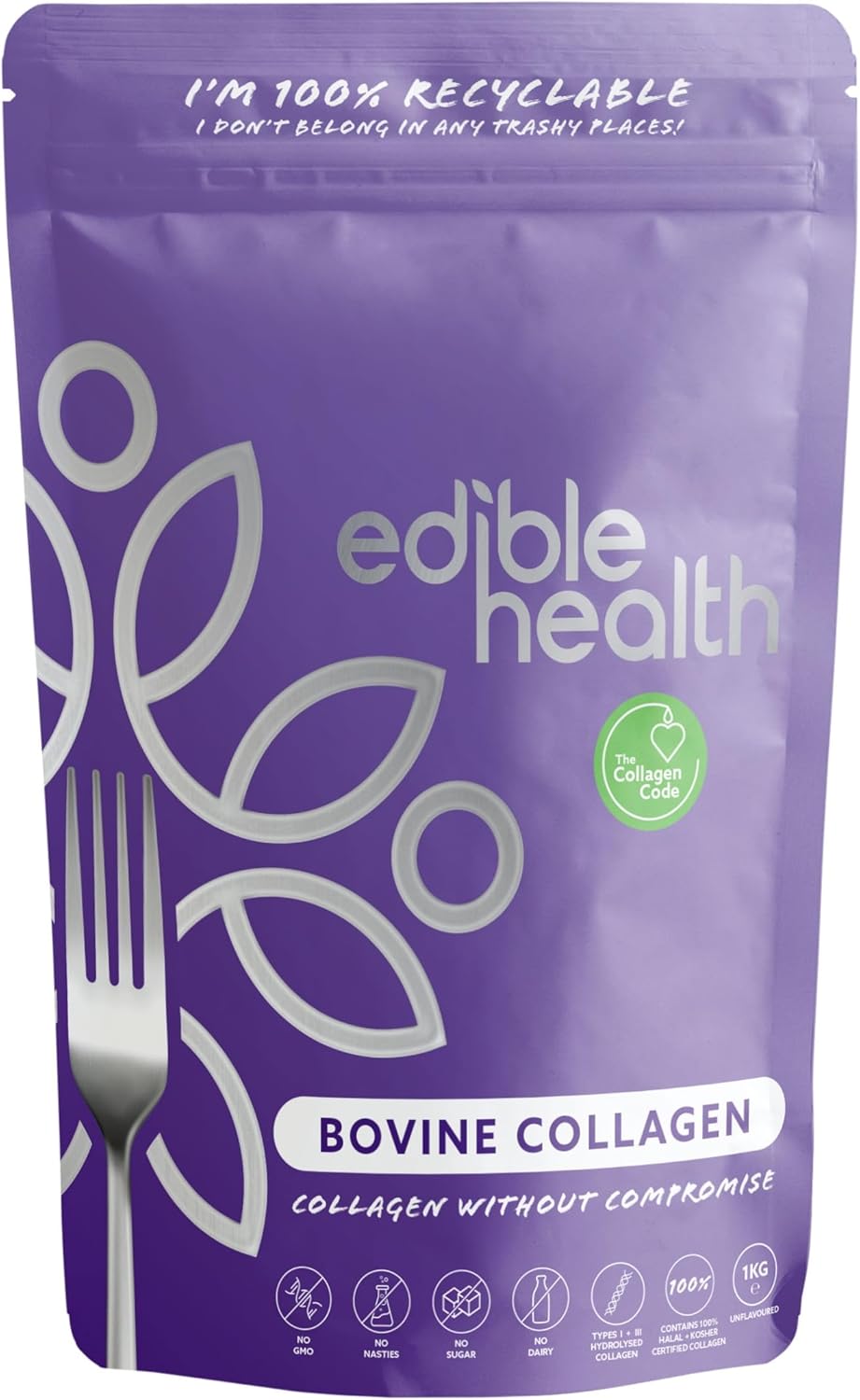 Premium Collagen Powder. Types 1 and 3, Protein Peptides, 18 Amino Acids. 1Kg. Hydrolysed Bovine Collagen Supplements by Edible Health. Paleo, Keto, Kosher, Halal. 70 Day Supply. UK & EU Certified