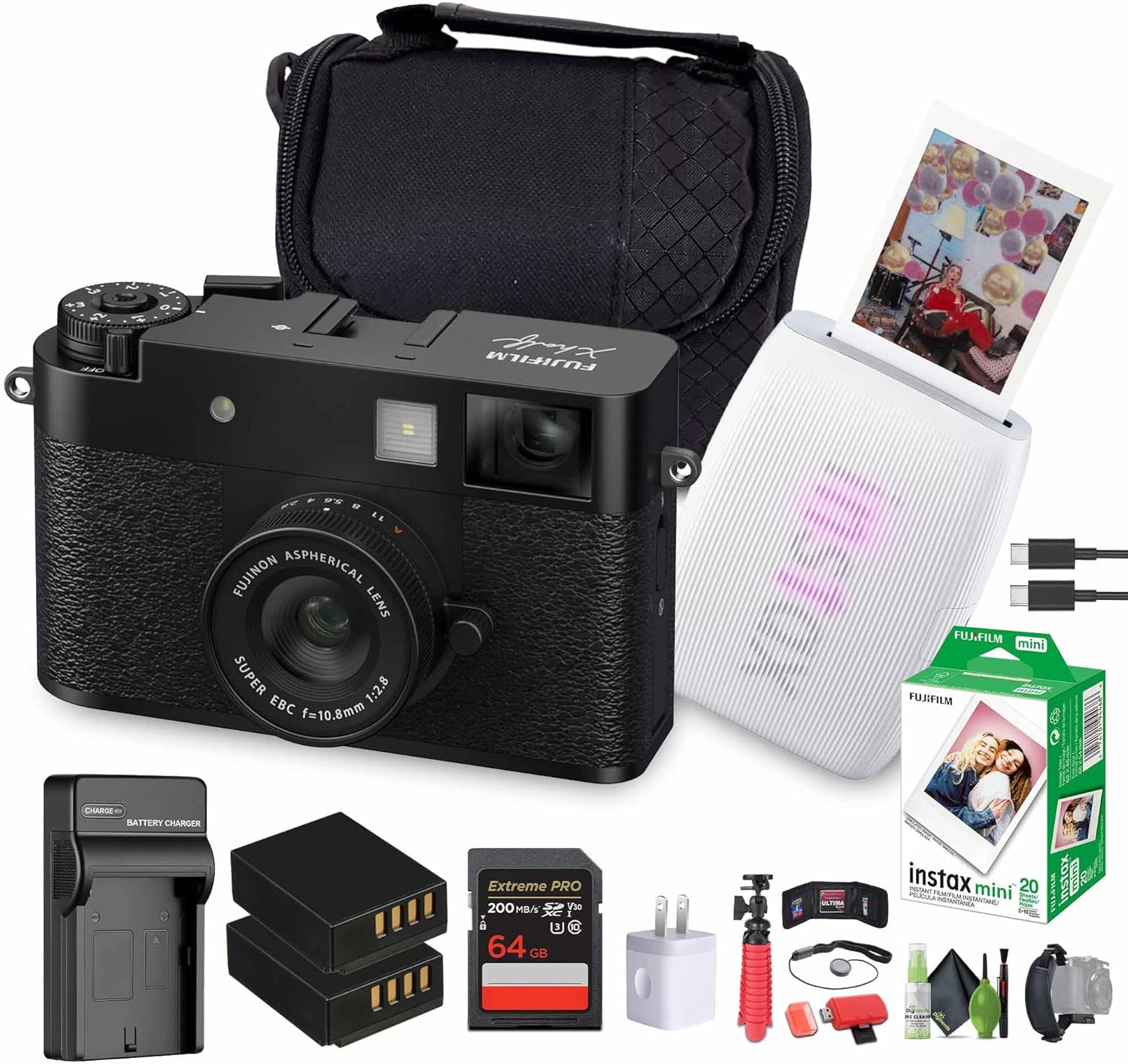 FUJIFILM X Half Premium Compact Digital Camera (Black) Bundle with Fuji INSTAX MINI Link 3 Smartphone Printer (Clay White) + Instax Mini Film + Extra Battery + Charger + 64GB Memory Card + More