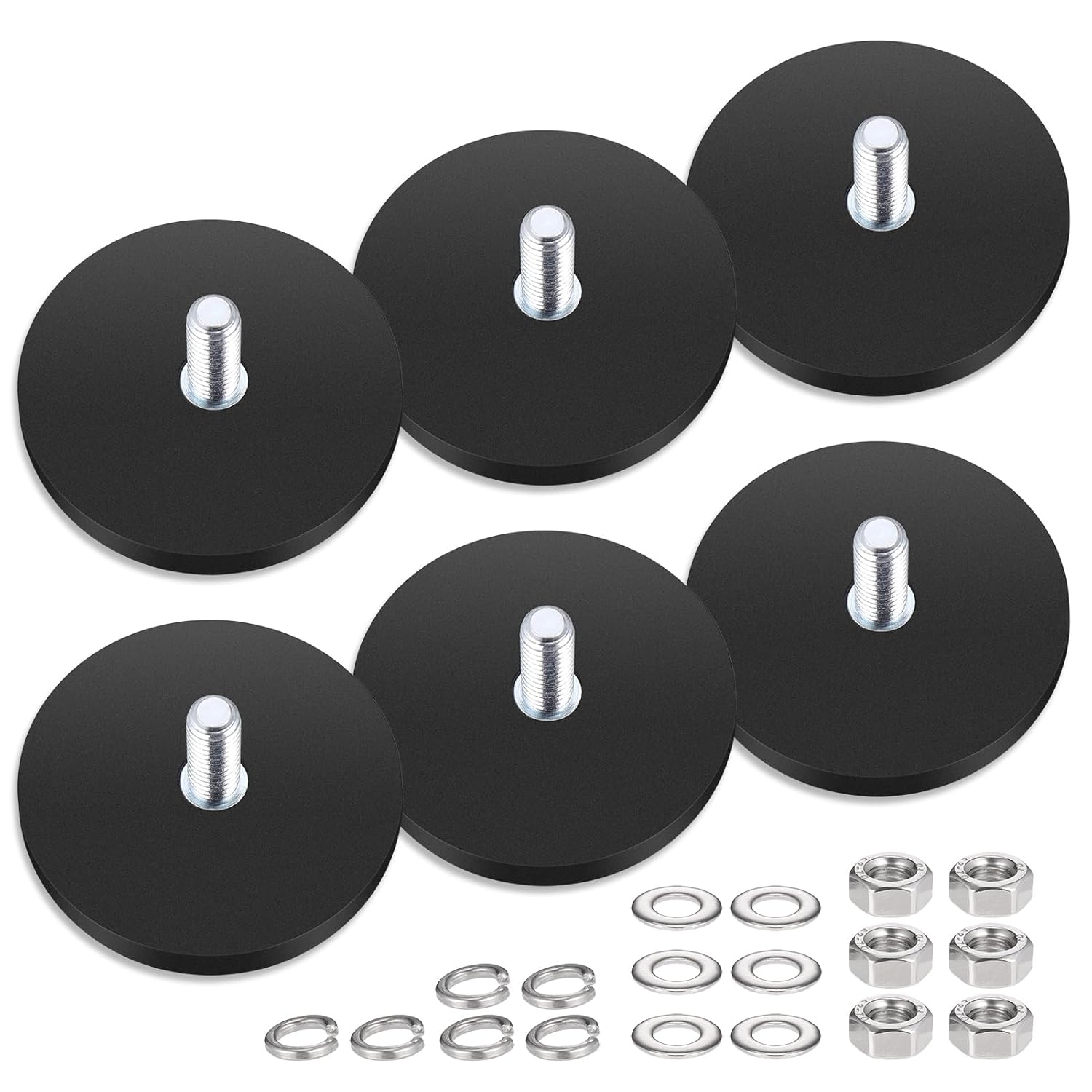 Hejo 6PCS Rubber Coated Round Magnets, Neodymium Magnets Diameter 43 mm with M6 External Thread Stud and Nuts,Vertical adhesion Up to 10 kg, for Automobile, Lamps, PTZ, Instruments and Apparatuses