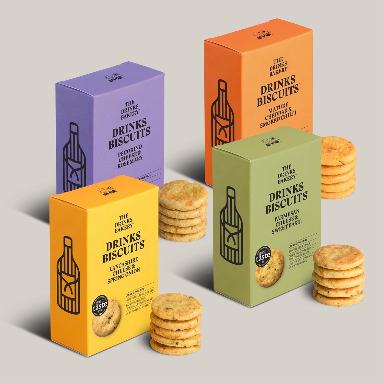 The Drinks Bakery Discerning Drinker’s Gift Set - Luxury Biscuits Expertly Paired with Drinks - Award-Winning Savory Snacks as Seen on Dragons’ Den - Made in Scotland - 4 x 110g Pack.