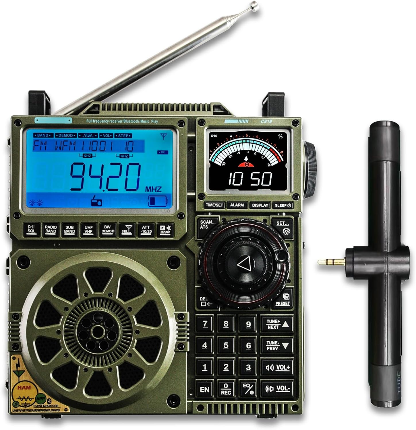 EXMAX Multi-band FM MW SW LW VHF UHF AIR CB WB SSB Radio. Bluetooth,TF card,20W speaker,APP control,Dual display,5000mAH battery,Sleep time ＆ alarm clock,Support external antenna.ES-C919 Radio (green)
