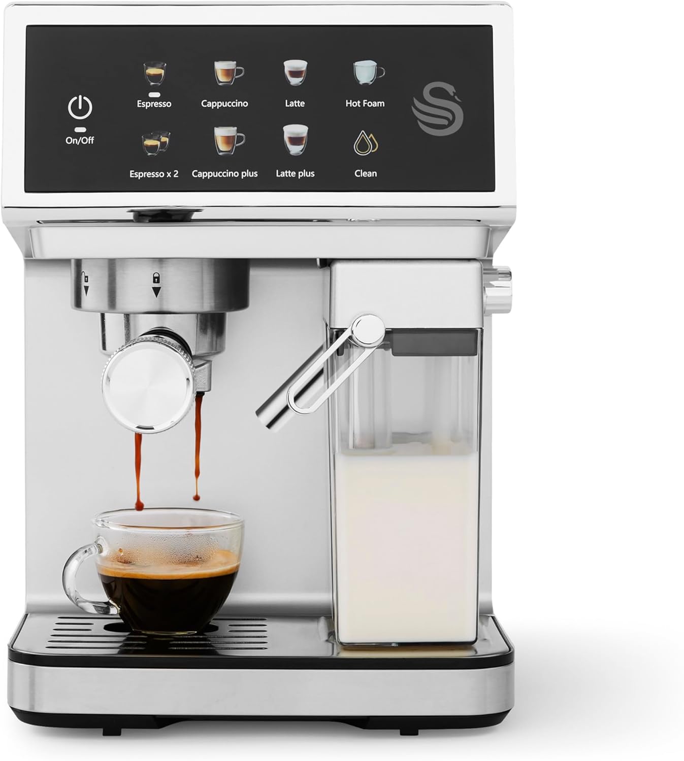 Swan SK22154 Pump Espresso Digital Coffee Machine, Digital Touch Controls with 8 Pre-Sets, 20 Bar Pressure, Built-in Automatic Milk Frother with 500ml Tank, Black