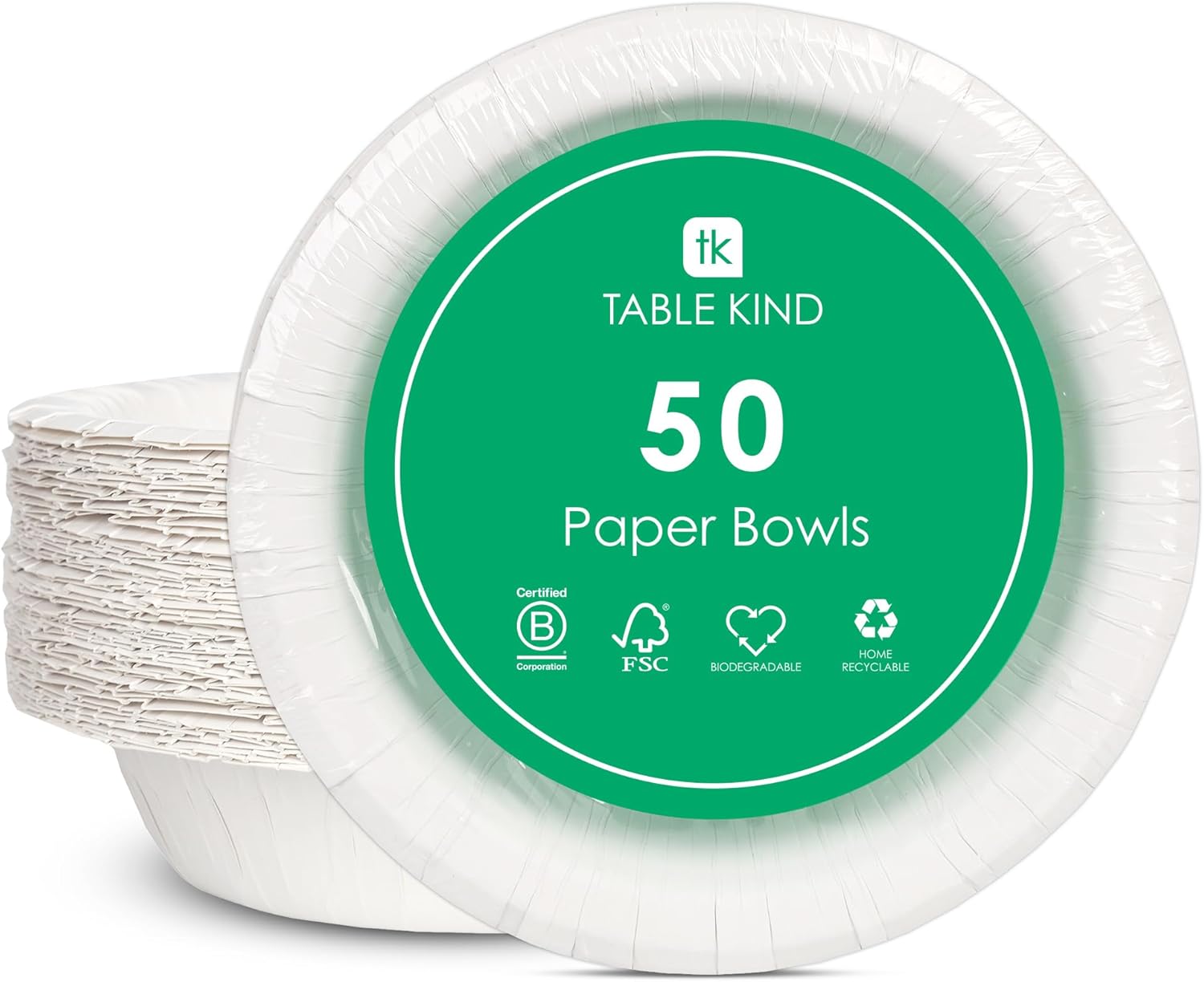 Table Kind 50 x Bulk Pack White Paper Bowls Eco-Friendly Disposable Bowls for Camping Catering Salad Dessert Cereal Recyclable Birthday Party Supplies Home Compostable Made in EU 23CM