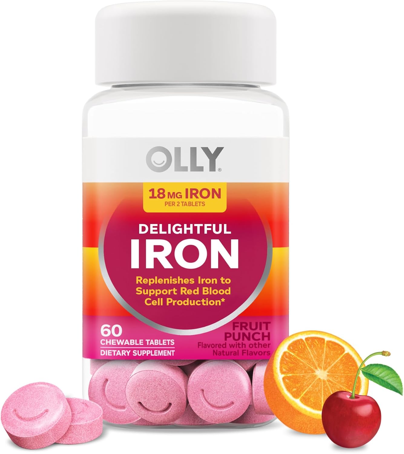 OLLY Delightful Iron Chewable Tablet, Iron Supplement from AB Fortis, Fruit Punch Flavor, 30 or 20 Day Supply - 60 Count