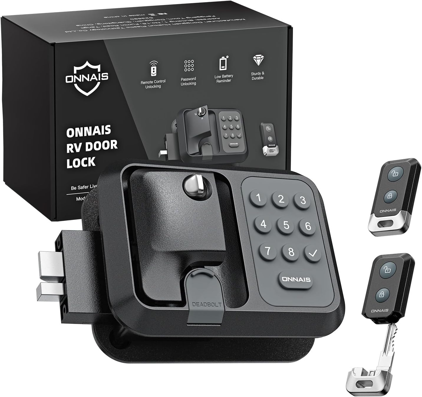 ONNAIS Keyless RV Door Lock - Fits Most Trailers & 5th Wheels | Anti-Prying Heavy Duty Full Metal, 100ft remote FOB unlock, Keyless keypad entry, Peek-proof backlit code, Weatherproof