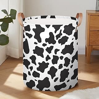 Laundry Basket Collapsible Waterproof Storage Bin Organizer with Handles Round Dirty Clothes Nursery Hamper for Living Room Bedroom Bathroom Toys Box (Cow Print)