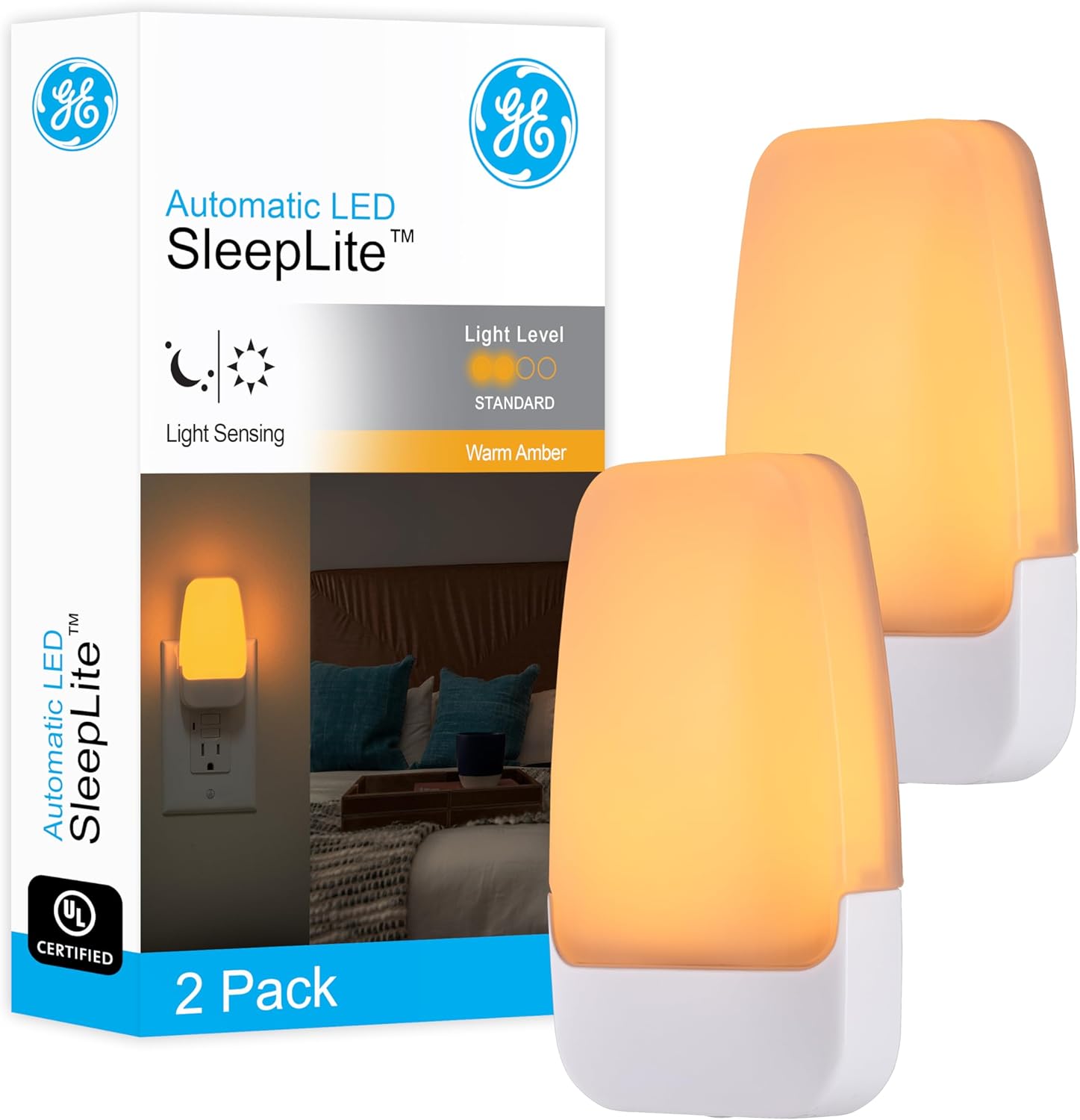 GE SleepLite LED Night Light, Plug-in, Dusk to Dawn Sensor, Amber, Sleeplite, Sunset, Ambient Lighting, Ideal Nightlight for Kids Adults Bedroom, Bathroom, Nursery, Hallway, Kitchen, 76135, 2 Pack