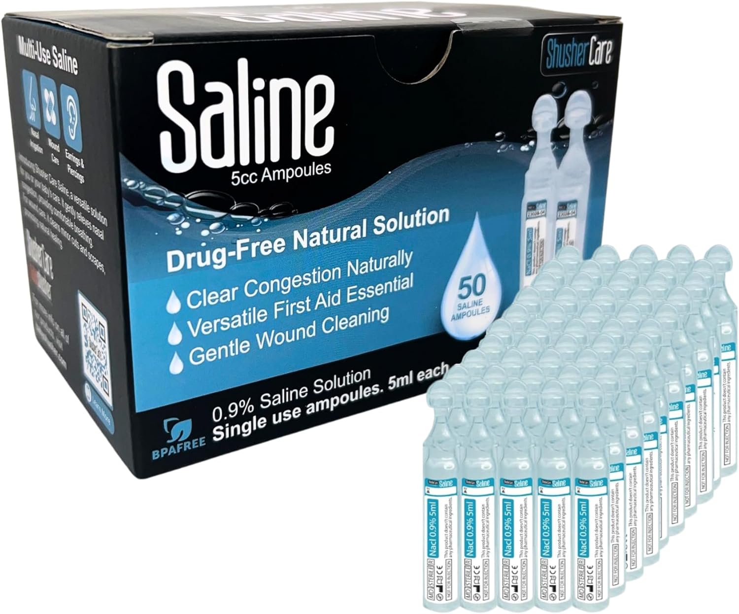 Saline Ampoules - Saline Solution for Nebulizer, Sodium Chloride 0.9% for Nose, Nasal Cleanse for Babies, Kids, & Adults, Sterile Nasal Care, Wound Cleansing - 50 Count (5ml Each)