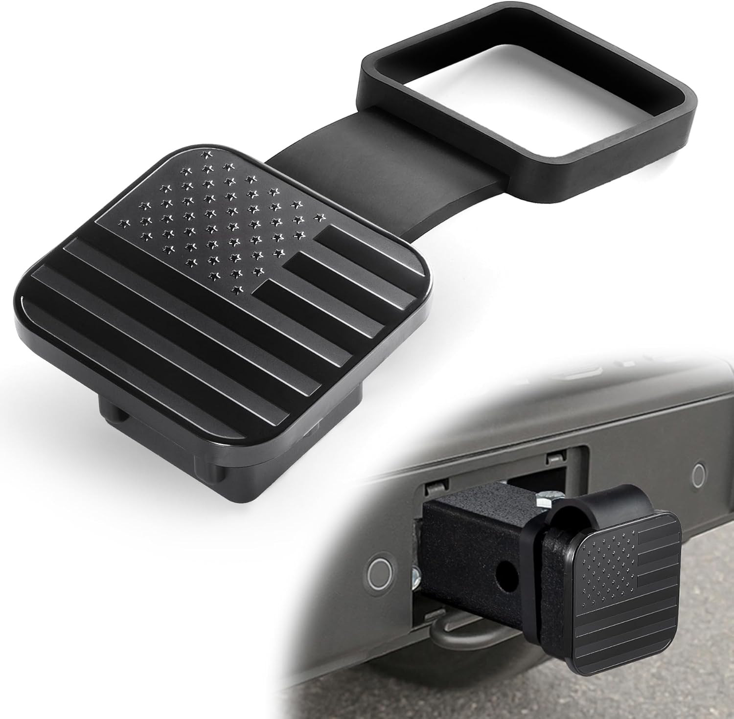 UYYE 2 Inch Rubber Trailer Hitch Cover, American Flag Rubber Tow Tube Cover Plug Cap, Car Exterior Accessories Fits for Most Vehicles Hitch Receivers, Hitch Cover Tube Plug Cap (Black)