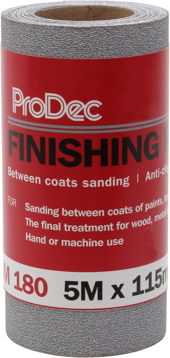 ProDec 180 Grit Medium Grade Finishing Paper for Sanding Between Coats of Paint or Varnish - 5m x 115mm Abrasive Paper Roll