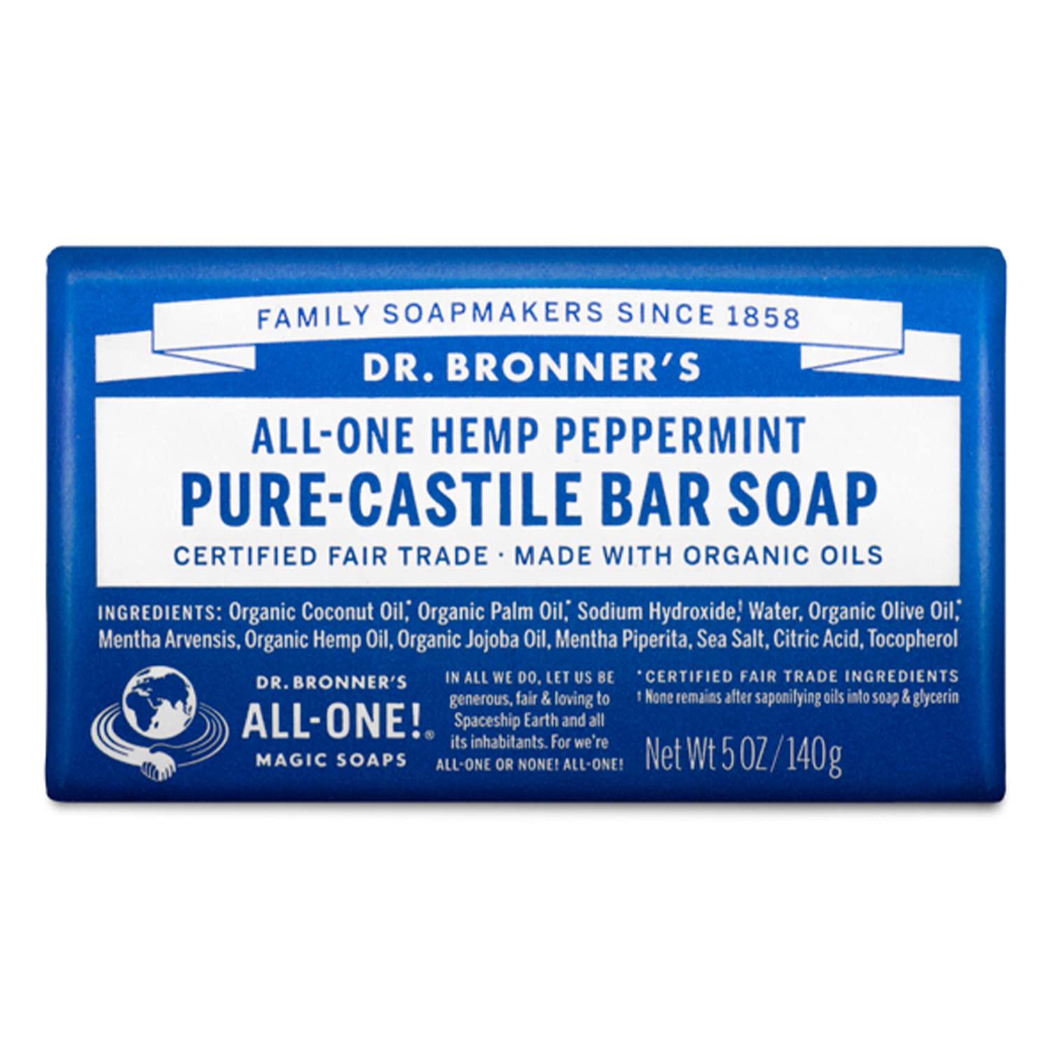 Dr Bronner's Peppermint Pure-Castile Bar Soap, Made with Organic Oils with Certified Fairtrade Ingredients, Used for Body, Face and Hair, Vegan Friendly, 140g Bar