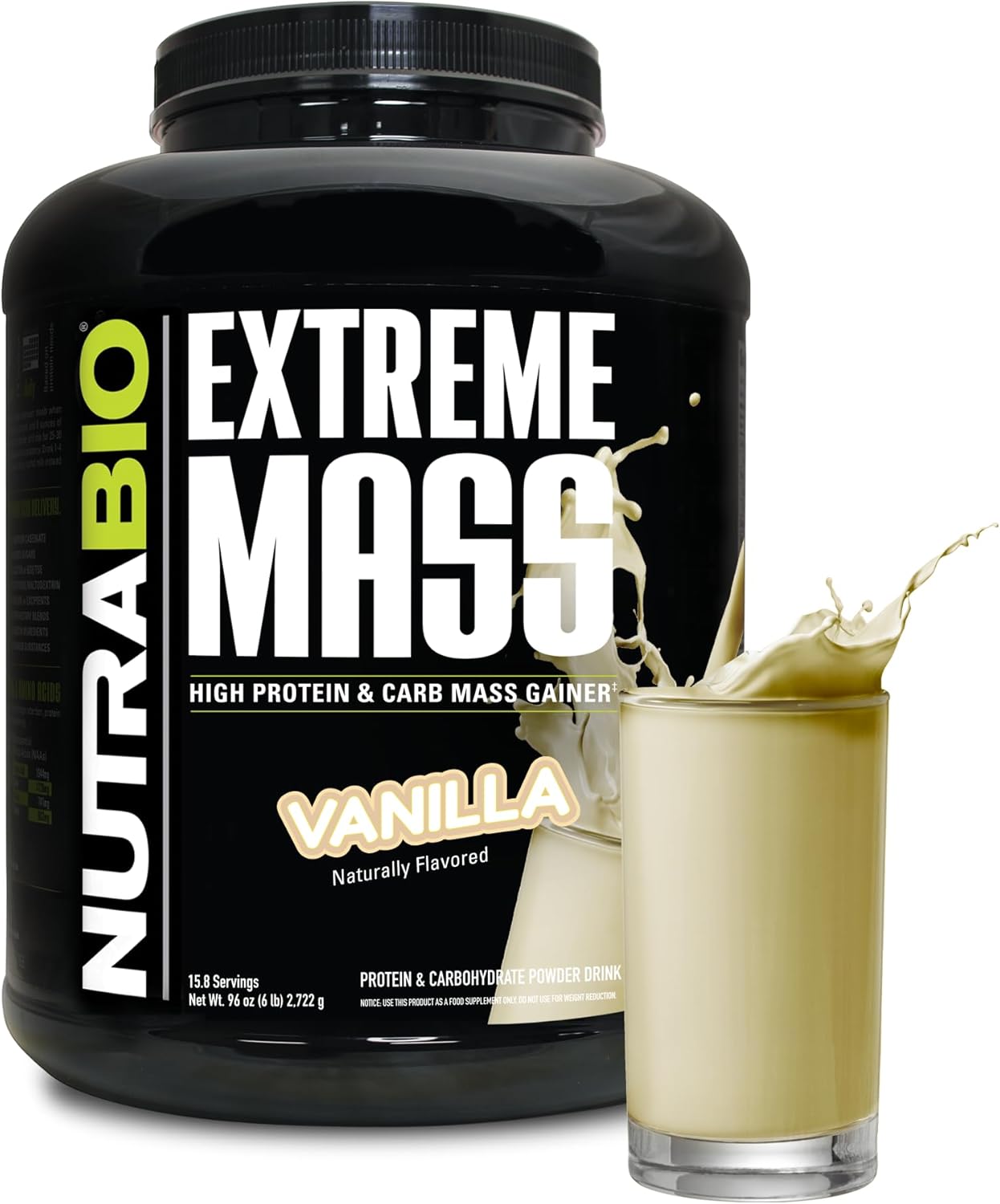 NutraBio Extreme Mass Gainer Protein Powder, 53G Protein, Clean Weight Gainer, Increase Muscle Mass, Full Spectrum Amino Acid - Vanilla, 6 Pound