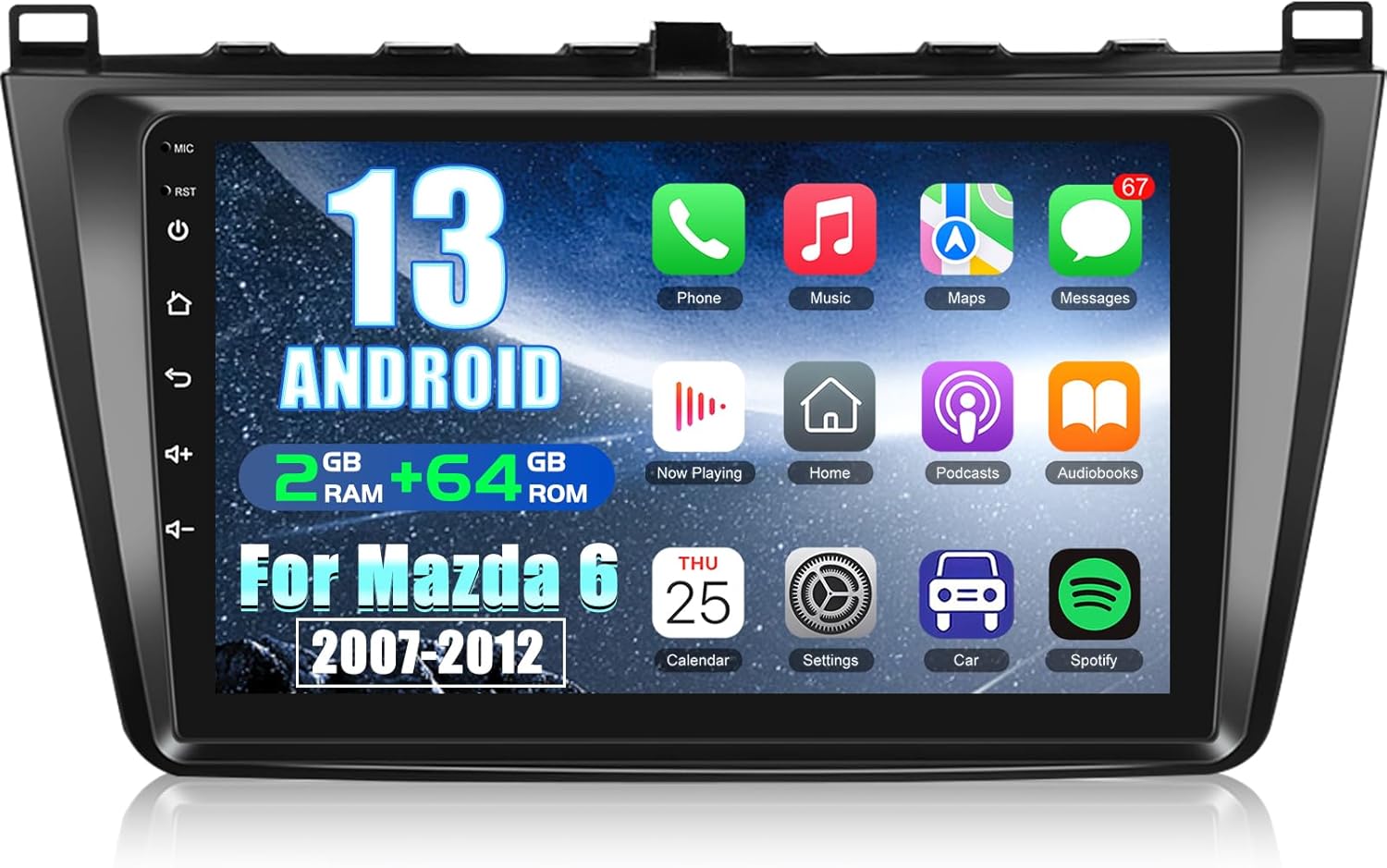 [2+64G] NHOPEEW Android 13 Car Stereo for Mazda 6 2007-2012 with Wireless CarPlay & Android Auto - 9 Inch Touch Screen Car Radio - GPS Navigation/DSP/WiFi/SWC/Bluetooth + AHD Backup