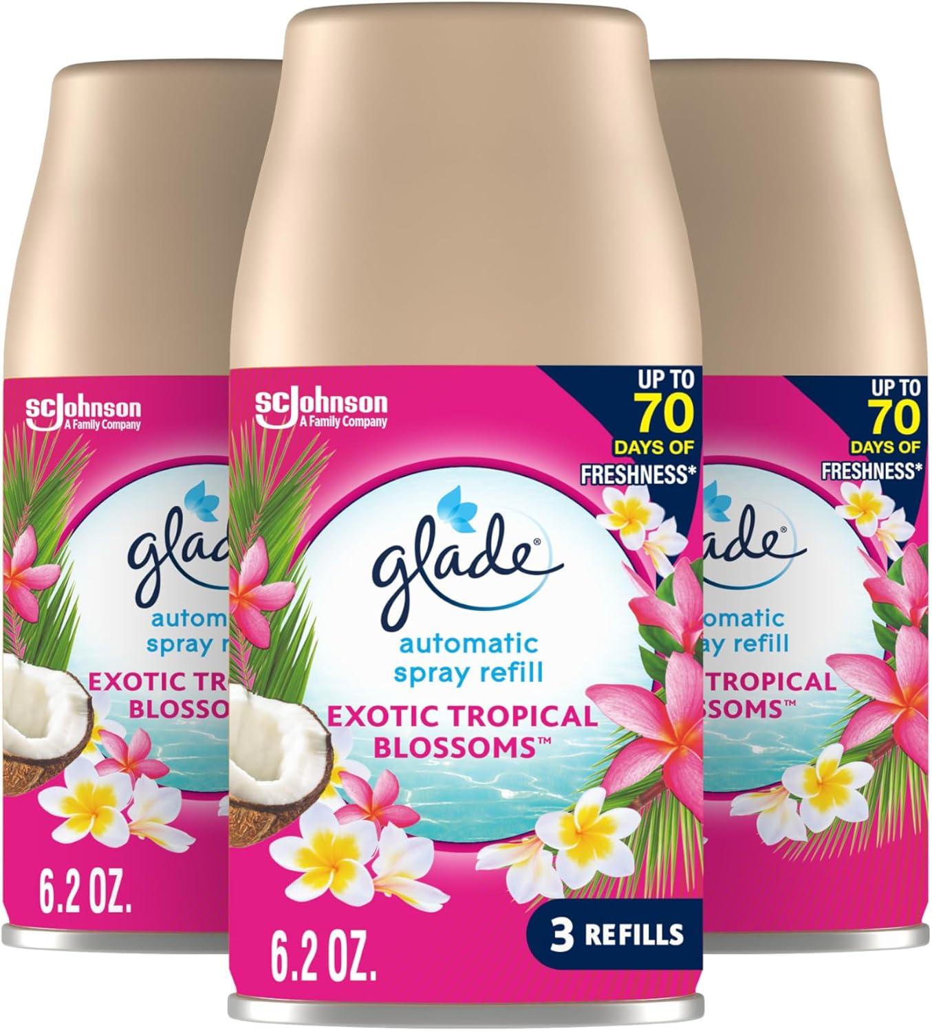 Glade Automatic Spray Refill, Air Freshener for Home and Bathroom, Tropical Blossoms, 6.2 Oz, 3 Count