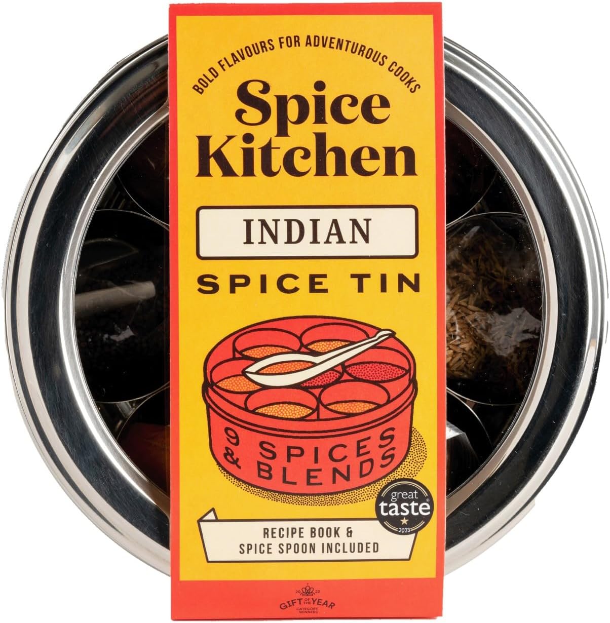Spice Kitchen Premium Indian Spice Collection, Spice Tin with 9 Cooking Spices including Award-Winning Garam Masala, Stainless Steel storage tin, Indian recipe booklet and Spice serving spoon