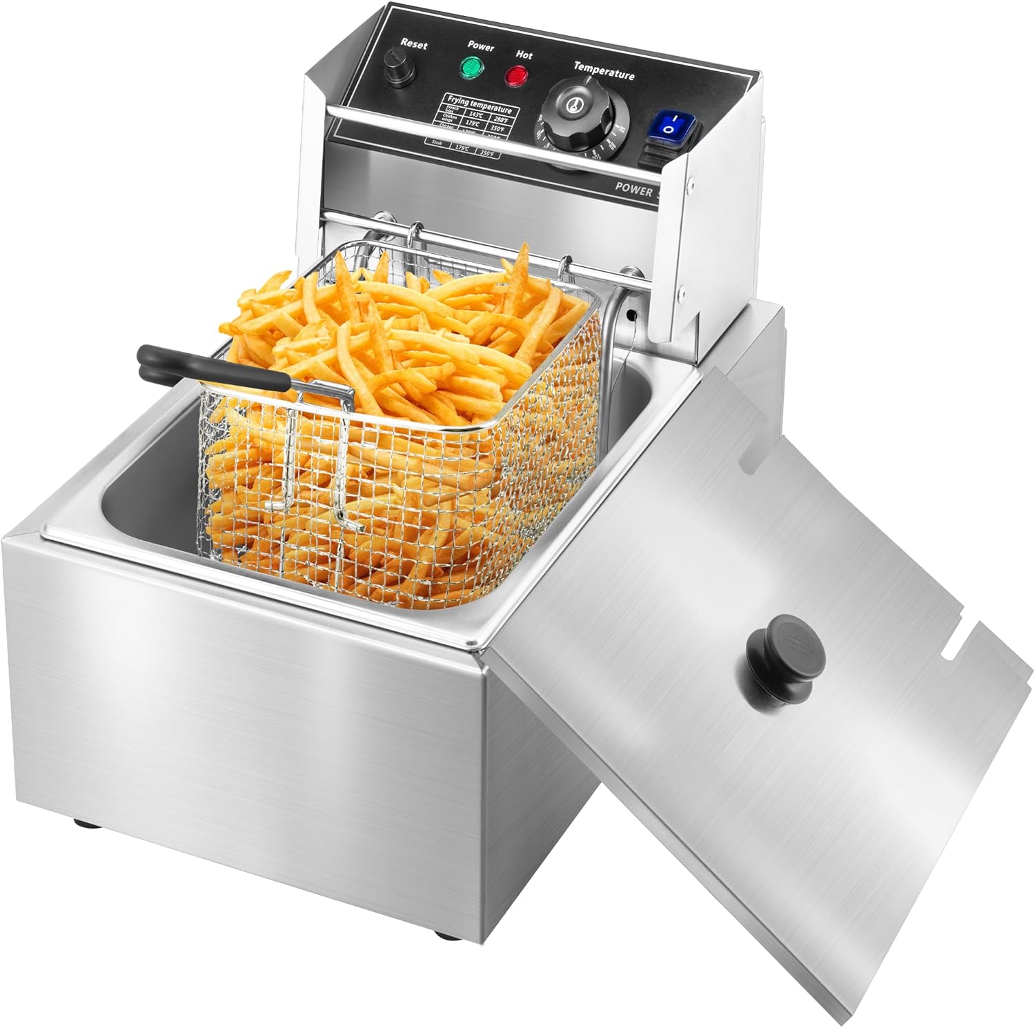 Rengue Deep Fryer with Basket & Lid, 10L Countertop Stainless Steel Chicken Fryer Temperature Adjustable Electric Deep Fryer for French Fries, Onion Rings, Donuts, 1800W 110V