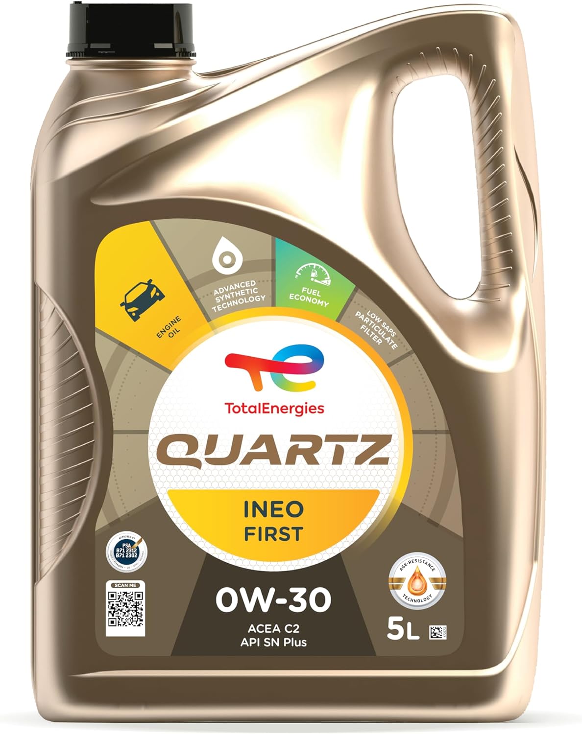 TotalEnergies Quartz INEO First 0W30 Engine Oil Low SAPS - Age-Resistance Technology - Fuel Economy Formula - Advanced Synthetic Motor Oil Lubricant - 5L