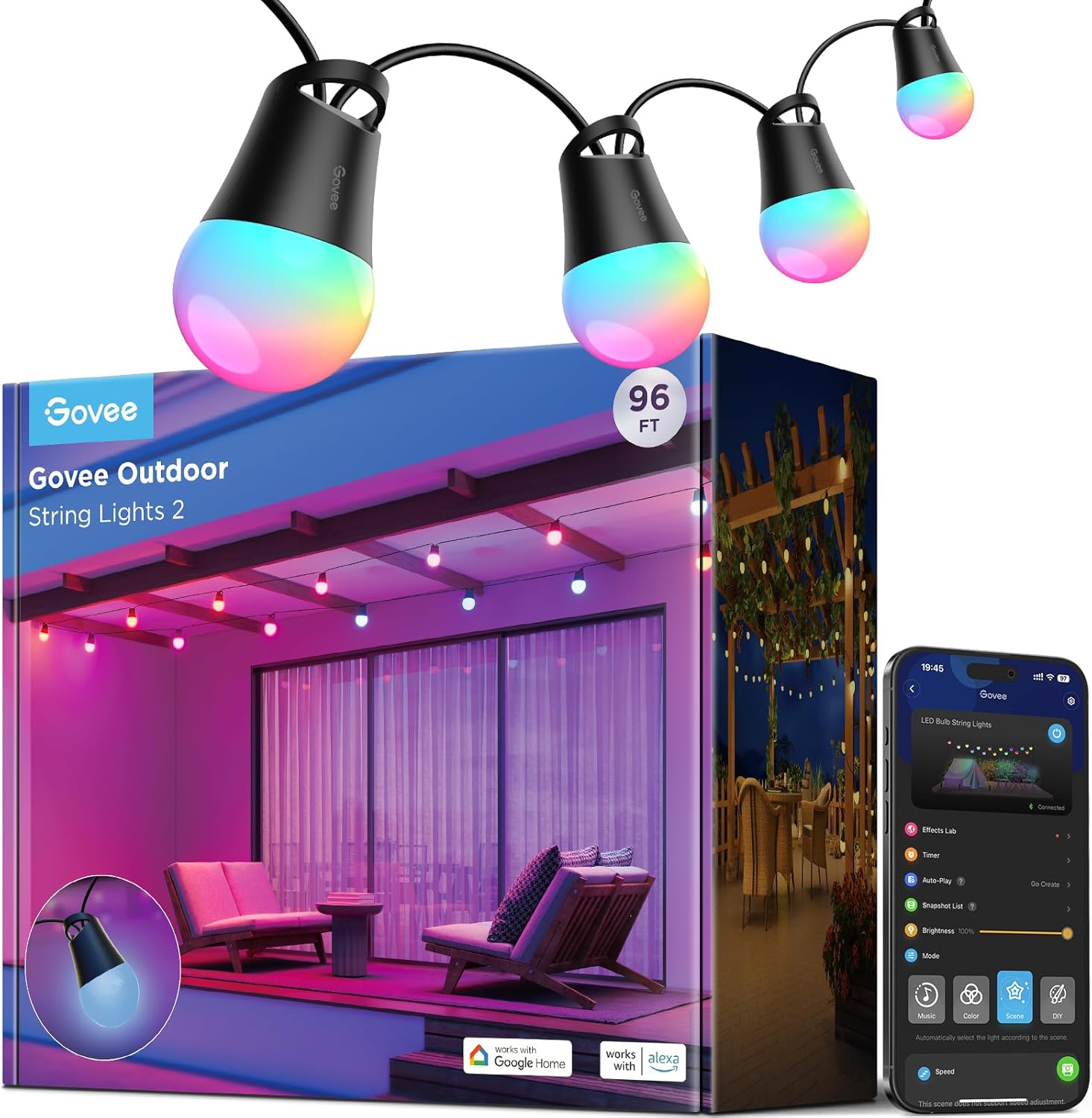 Govee Smart Outdoor String Lights 2, 30M RGBIC Outdoor Lights Dimmable Warm White LED Bulbs IP65 Waterproof Works with Alexa 47 Scene Modes for Garden