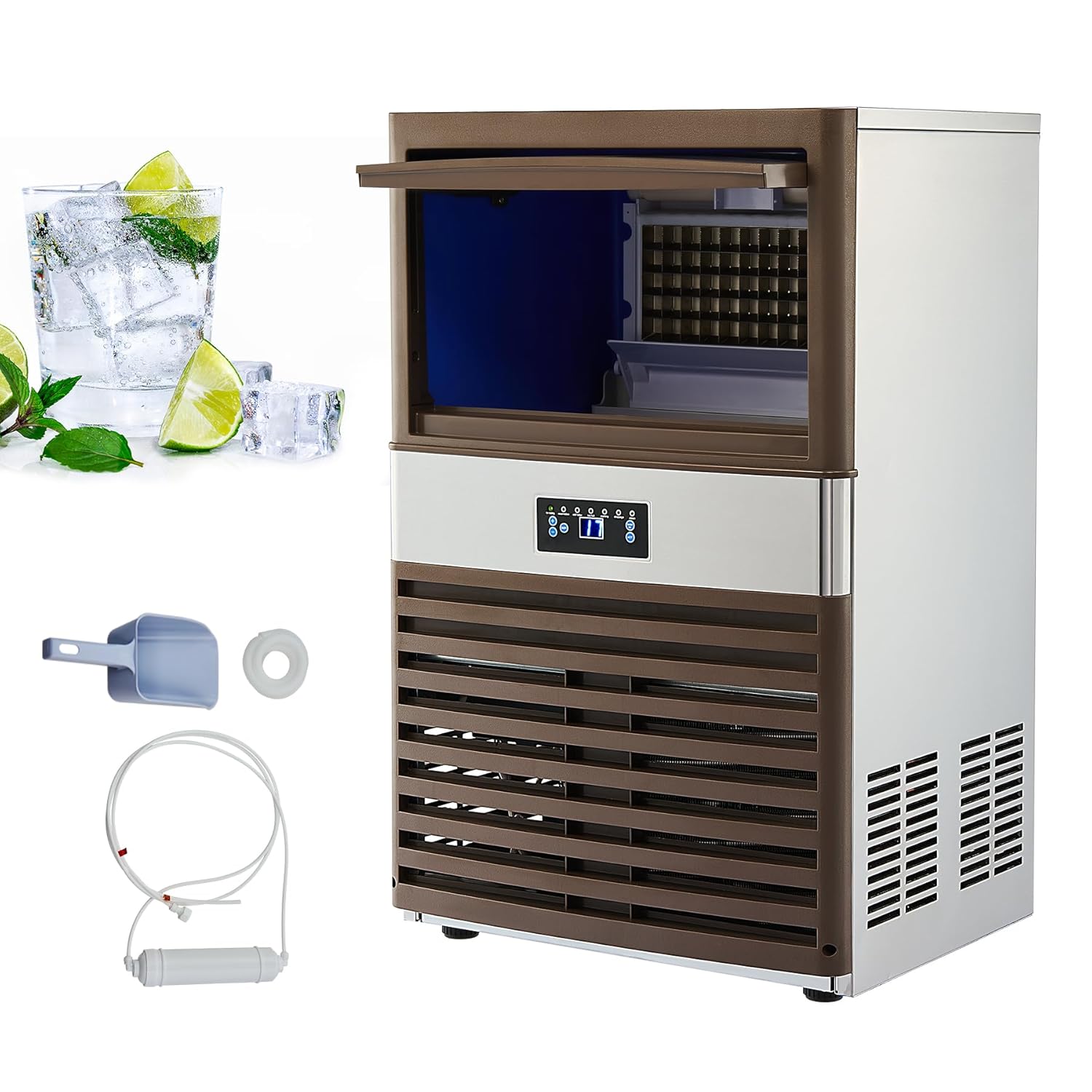 CREWORKS Commercial Ice Machine, Industrial Ice Maker Machine, Freestanding Stainless Steel Ice Cube Machine 55 pc Ice Cubes with Large Storage(88.45KG 195LB/24H)