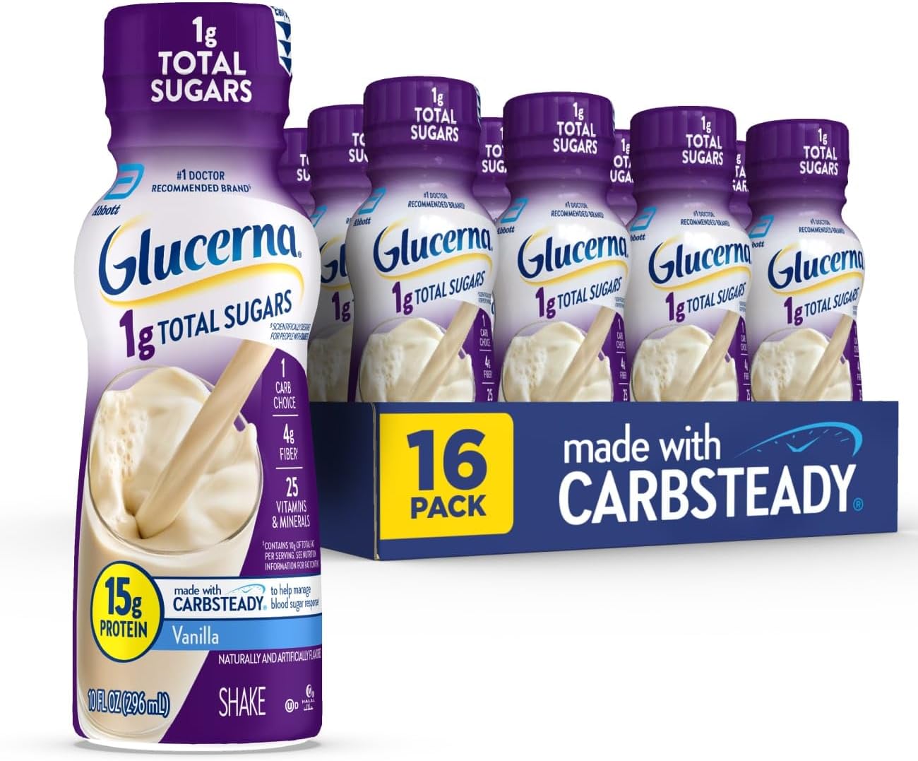 Glucerna 1g Total Sugars, Vanilla Diabetes Care Shake, Diabetic Drink to Support Blood Sugar Management, 15g Protein, 180 Calories, Ready to Drink, 10-fl-oz Bottle, 16 Pack